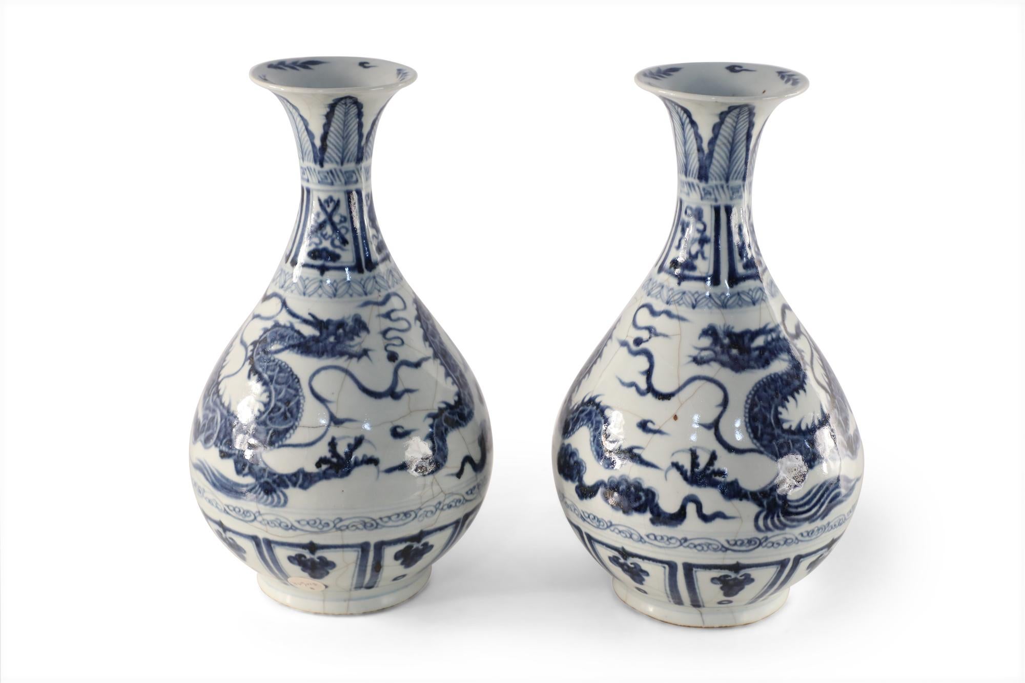 Porcelain Pair of Chinese Blue and White Dragon Motif Jade Pot Spring Bottle Vases