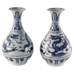Pair of Chinese Blue and White Dragon Motif Jade Pot Spring Bottle Vases