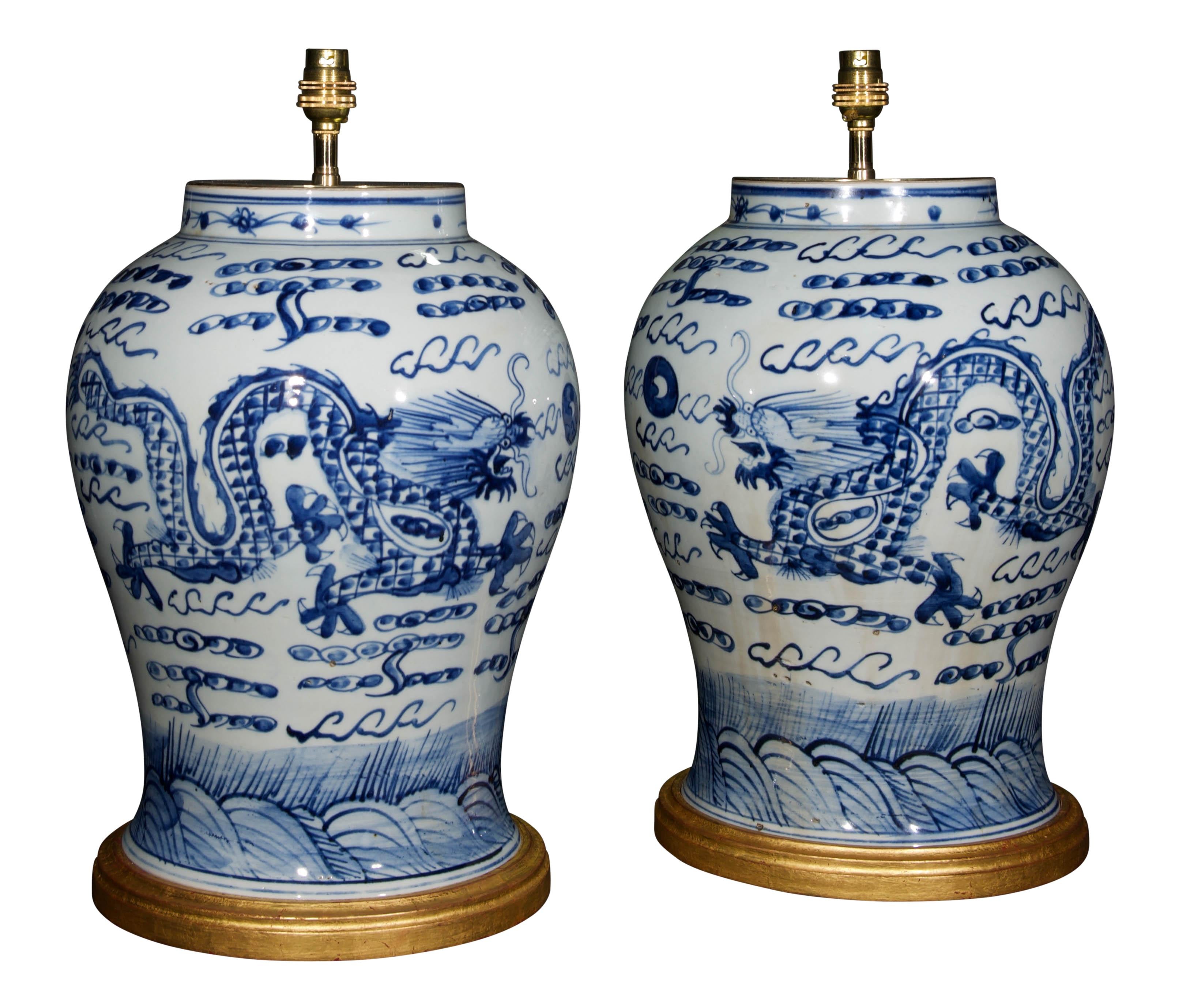 Glazed Pair of Chinese Blue and White Dragon Porcelain Table Lamps For Sale