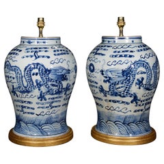 Pair of Chinese Blue and White Dragon Porcelain Table Lamps