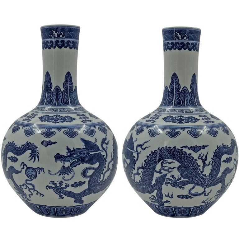 Pair of Chinese Blue and White Dragon Vase at 1stDibs blue and white