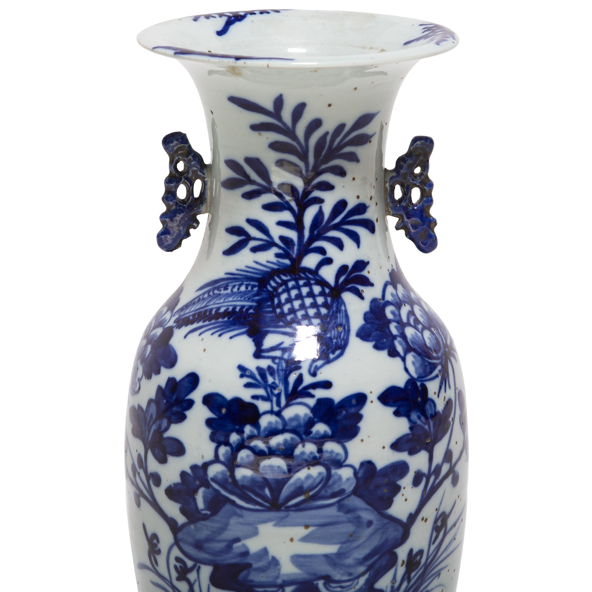 Pair of Chinese Blue and White Fantail Vases with Pheasants and Peonies, c. 1850 7