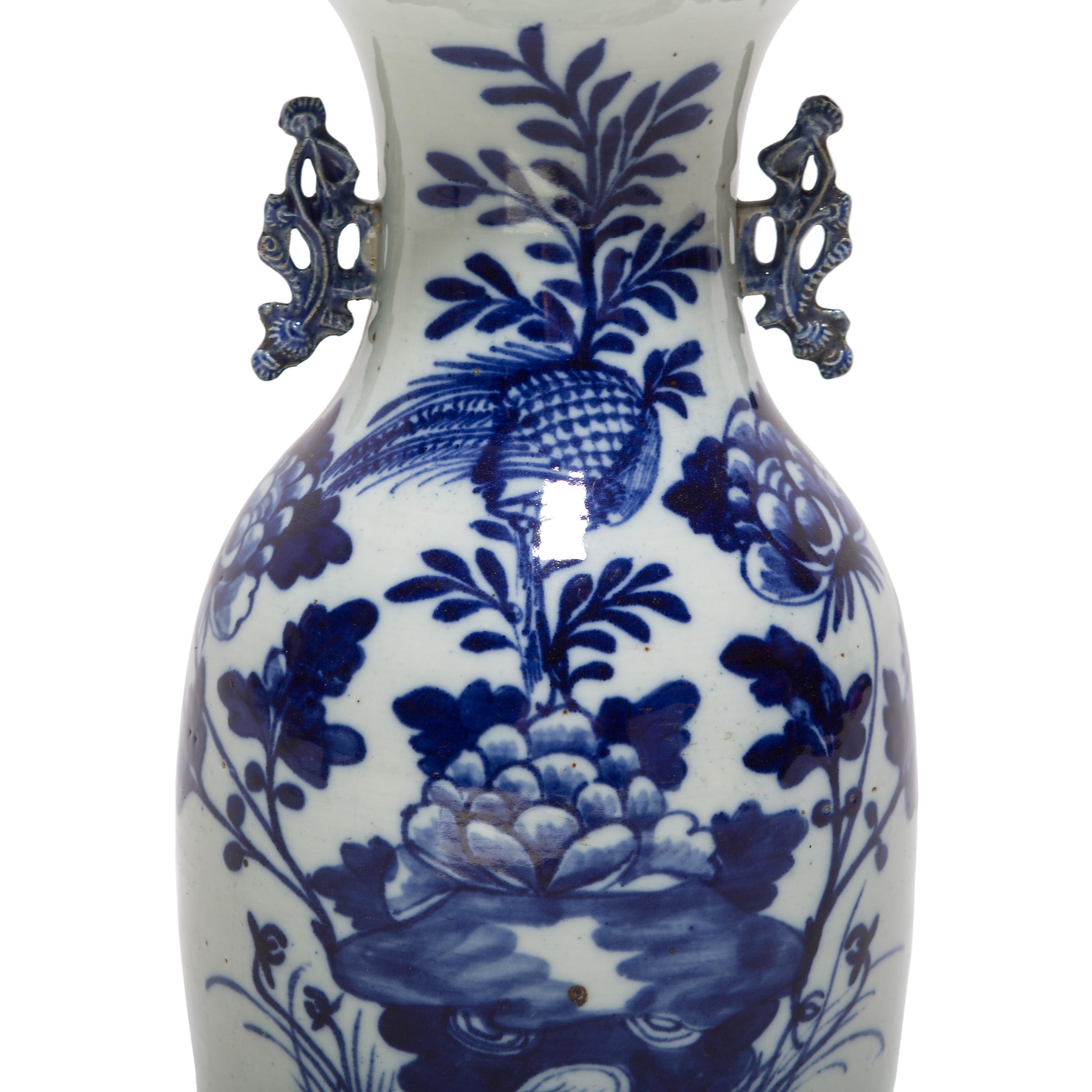 Porcelain Pair of Chinese Blue and White Fantail Vases with Pheasants and Peonies, c. 1850