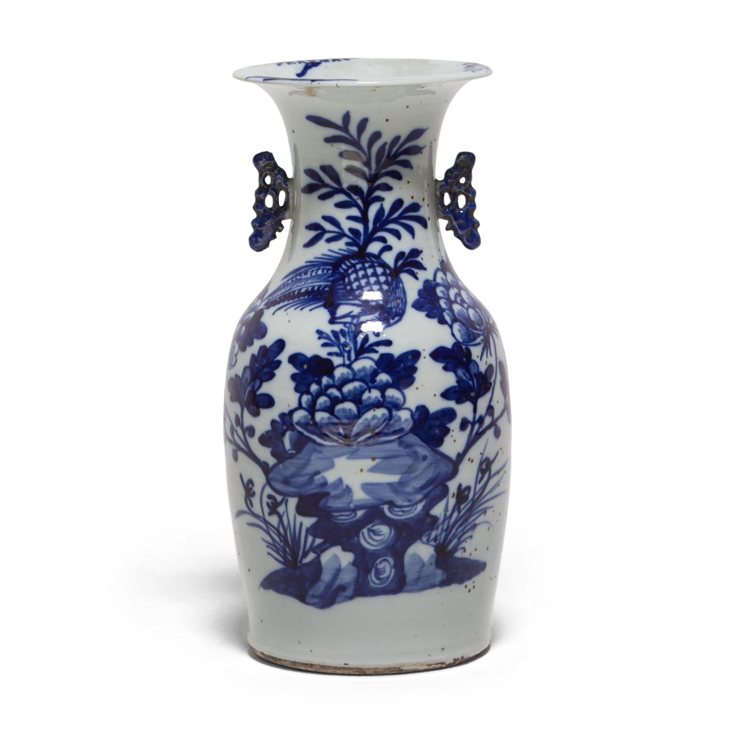Pair of Chinese Blue and White Fantail Vases with Pheasants and Peonies, c. 1850 2