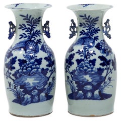 Pair of Chinese Blue and White Fantail Vases with Pheasants and Peonies, c. 1850