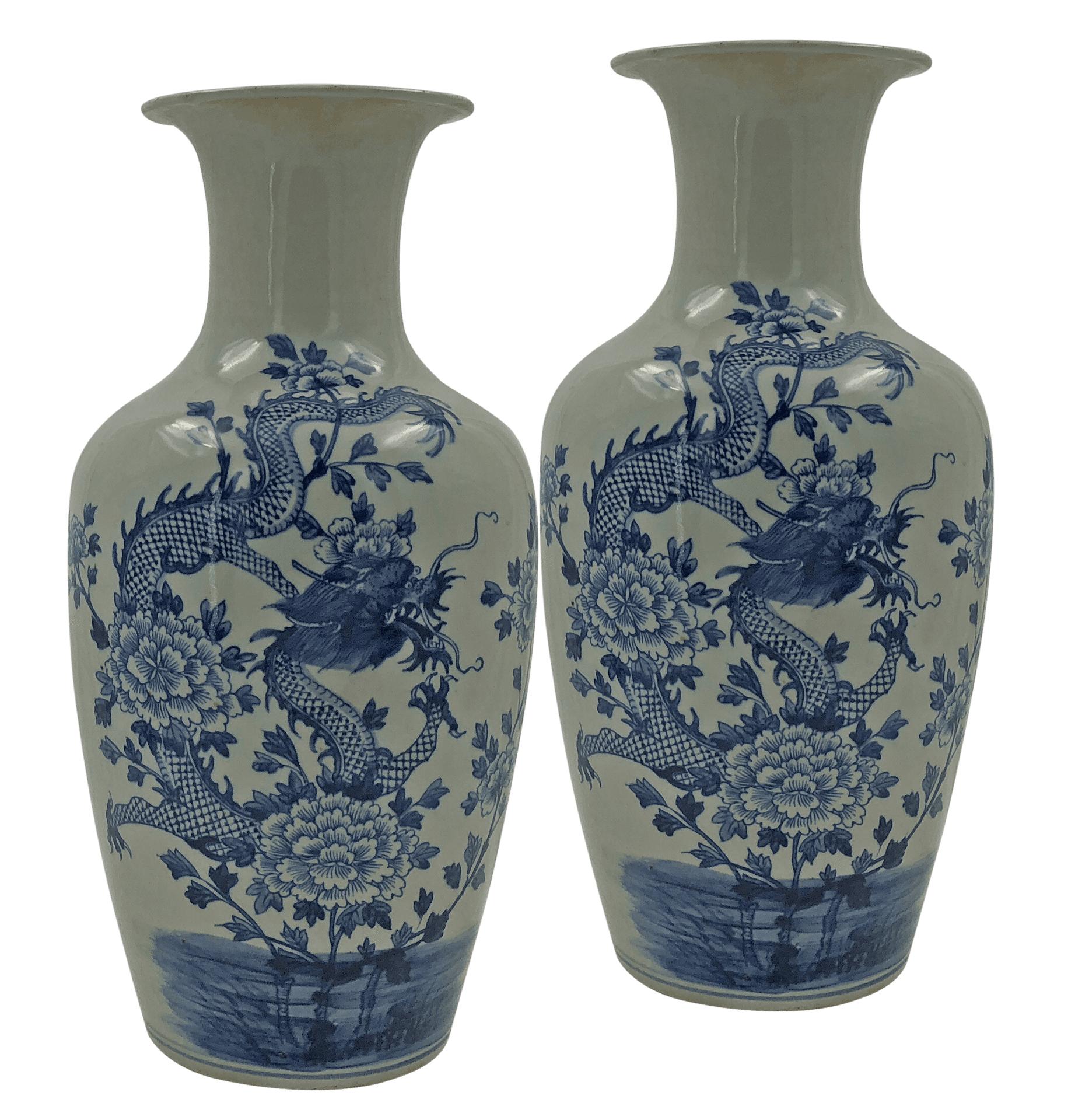 Pair of Chinese Blue and White Flared Dragon Vases