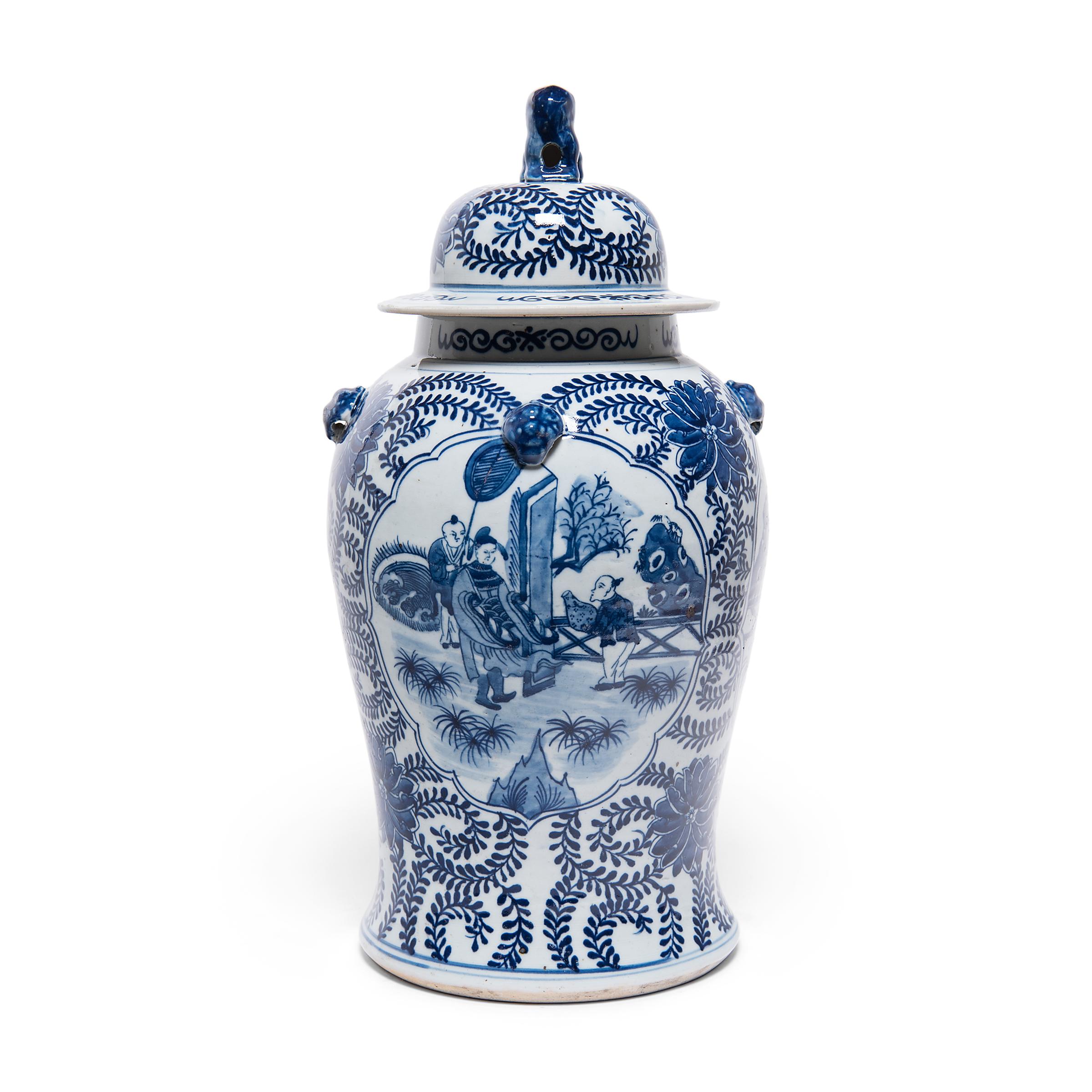 These contemporary lidded baluster jars continue the centuries-old tradition of Chinese blue-and-white porcelain ware. Painted with cobalt pigments for a brilliant blue finish, each jar is densely patterned with trailing vine scrollwork and