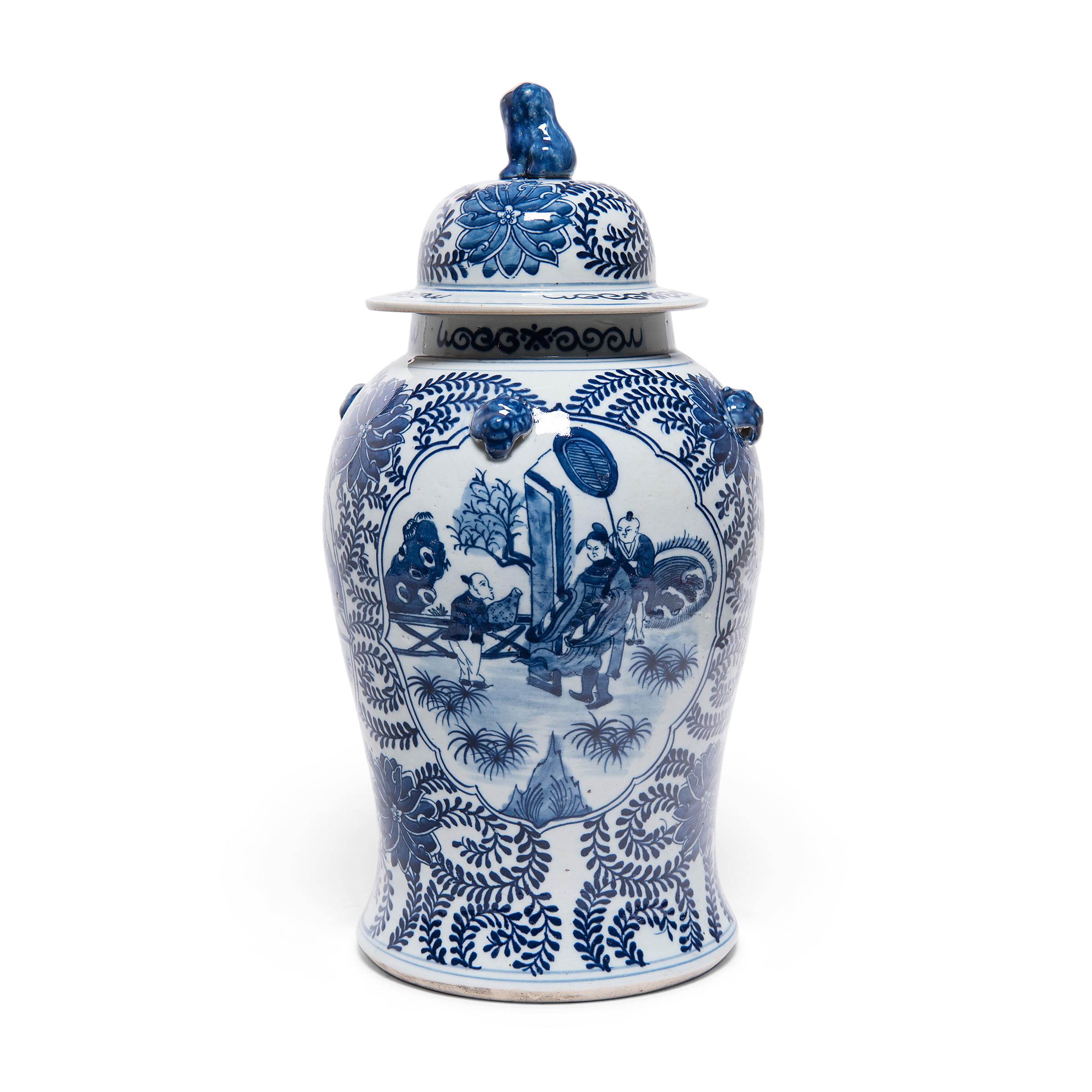 Glazed Pair of Chinese Blue and White Garden Baluster Jars