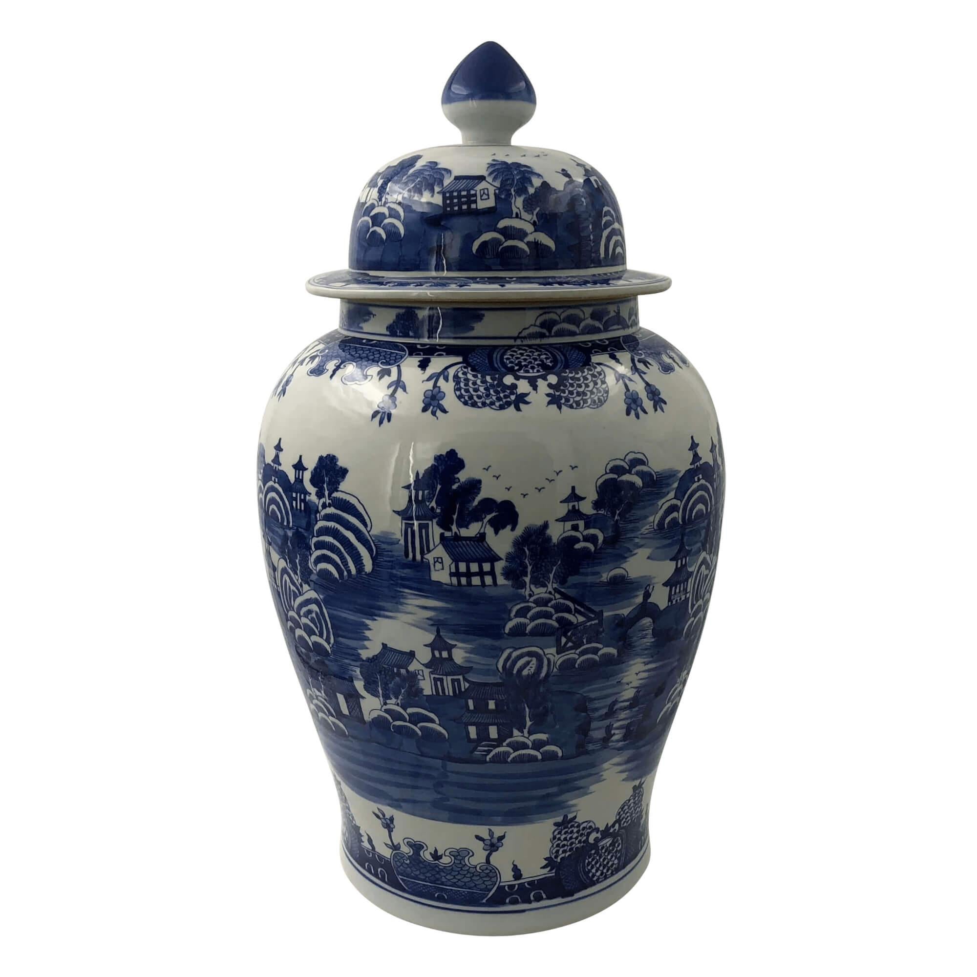 Chinese blue and white hand-painted ceramic lidded Ginger jars with Chinese garden pattern decoration.

Dimensions: 14.5