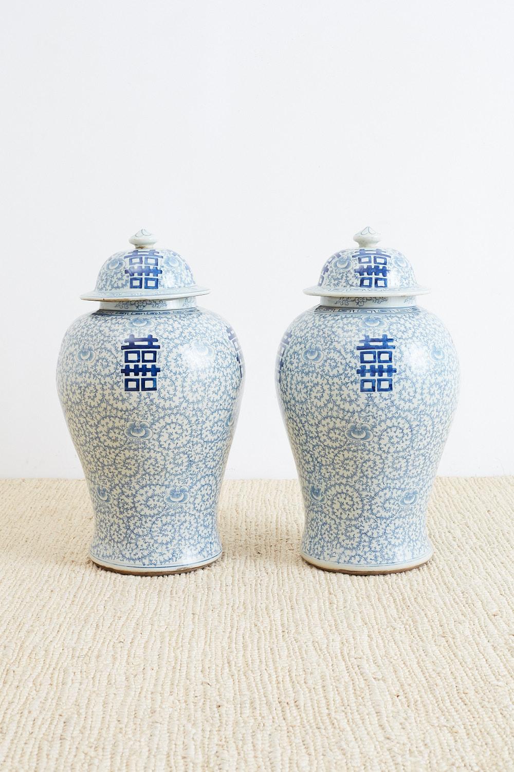 Chinese Export Pair of Chinese Blue and White Ginger Jars