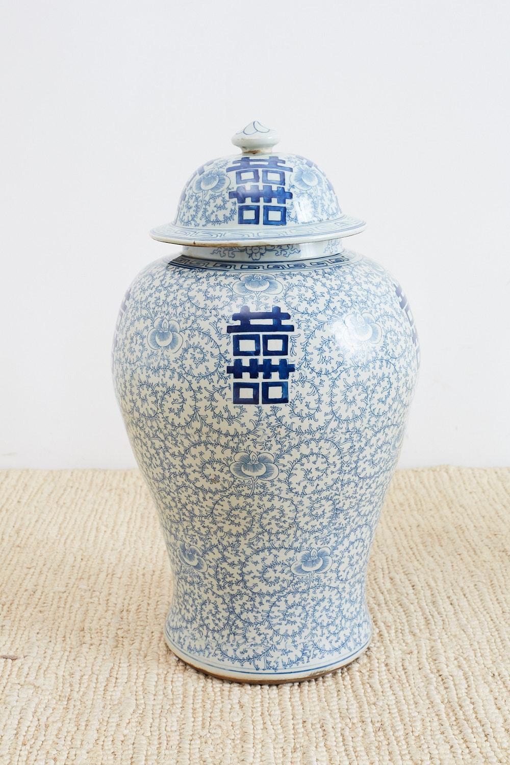 Hand-Painted Pair of Chinese Blue and White Ginger Jars