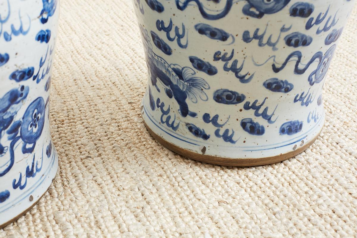 Pair of Chinese Blue and White Ginger Jars with Foo Dogs 2