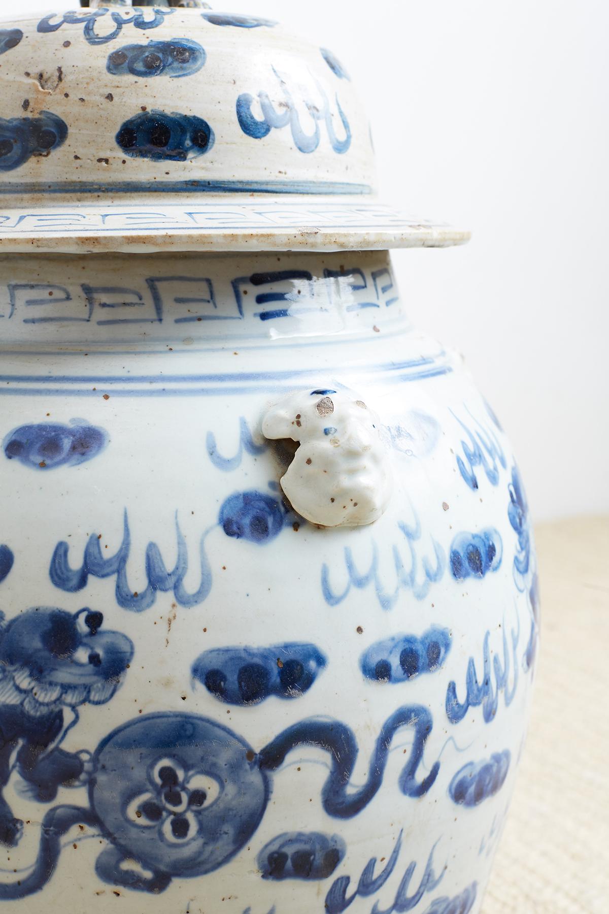 Pair of Chinese Blue and White Ginger Jars with Foo Dogs 3