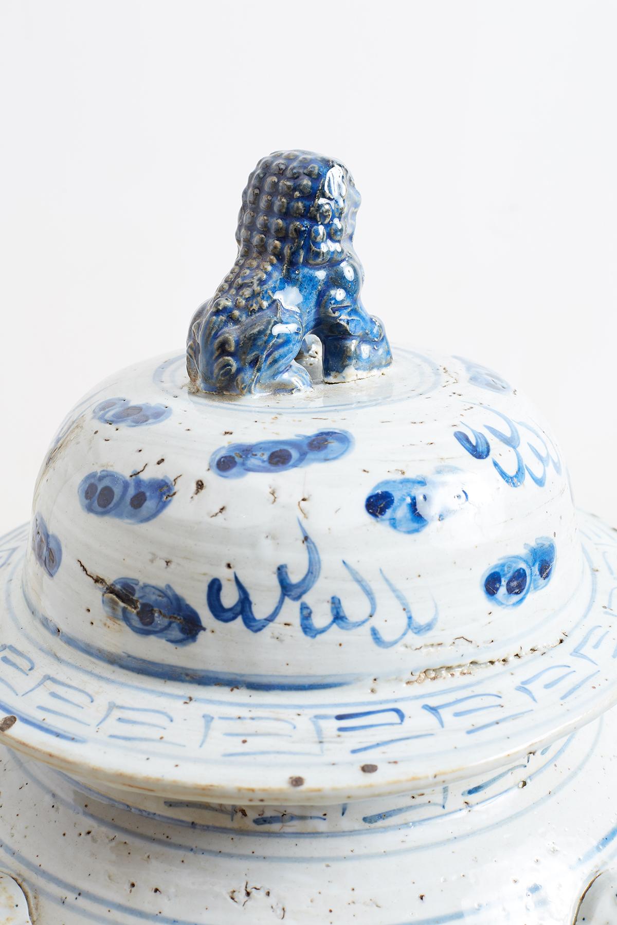 Pair of Chinese Blue and White Ginger Jars with Foo Dogs 5