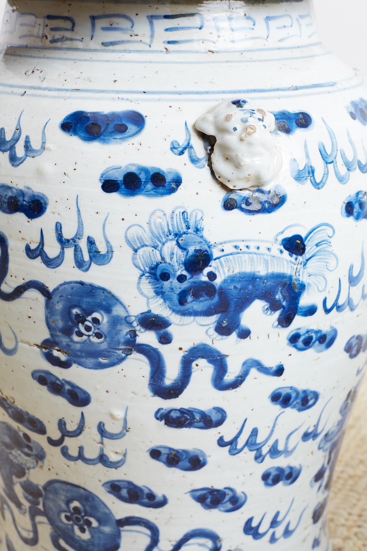 Pair of Chinese Blue and White Ginger Jars with Foo Dogs 6