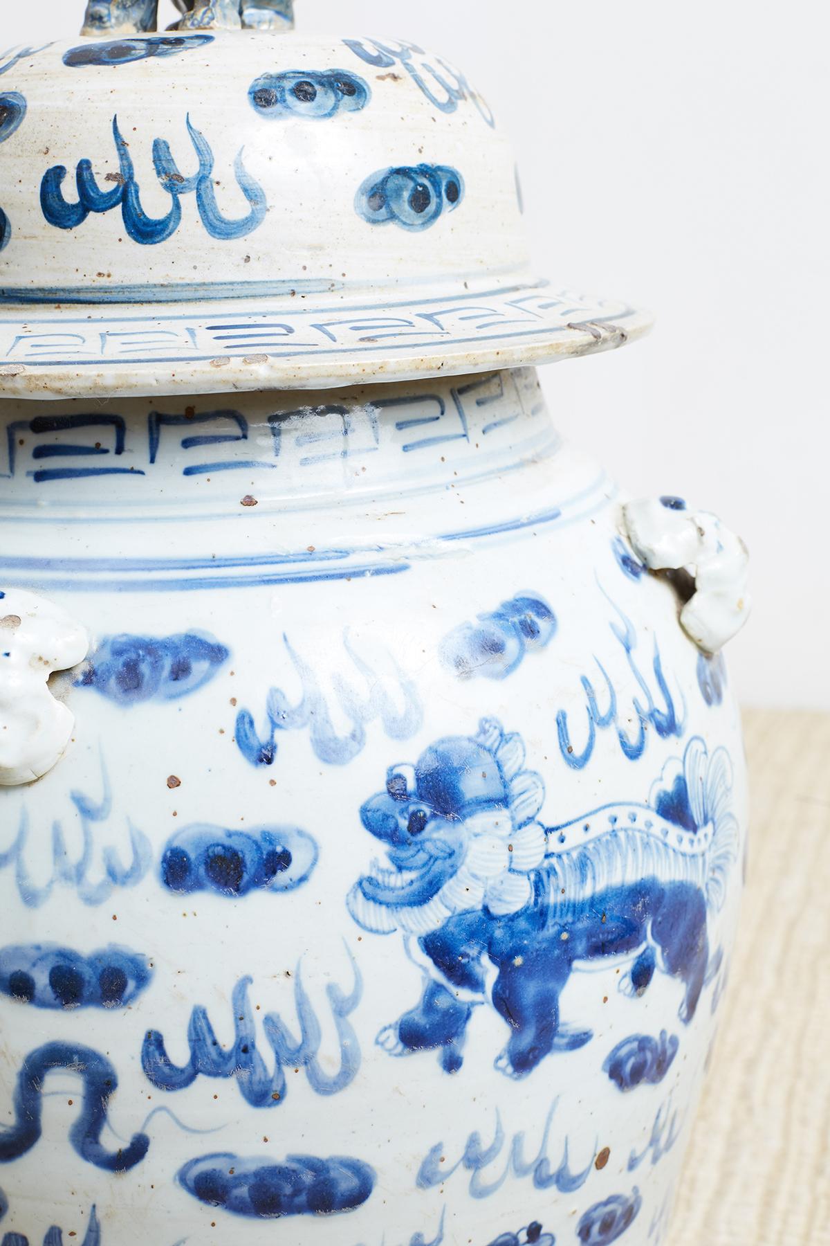 Pair of Chinese Blue and White Ginger Jars with Foo Dogs 7