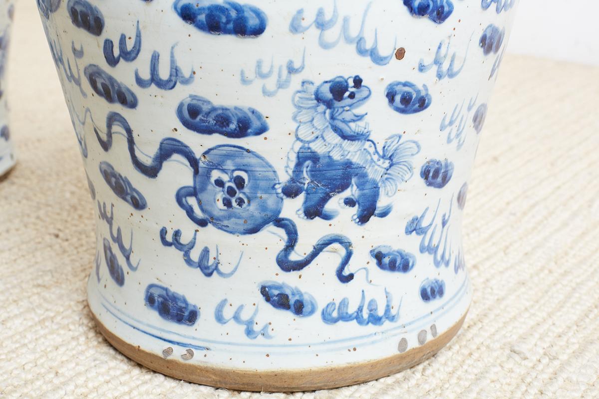 Pair of Chinese Blue and White Ginger Jars with Foo Dogs 8