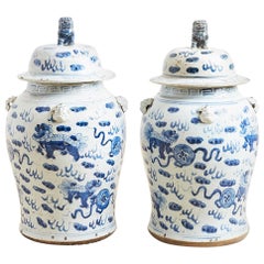 Vintage Pair of Chinese Blue and White Ginger Jars with Foo Dogs