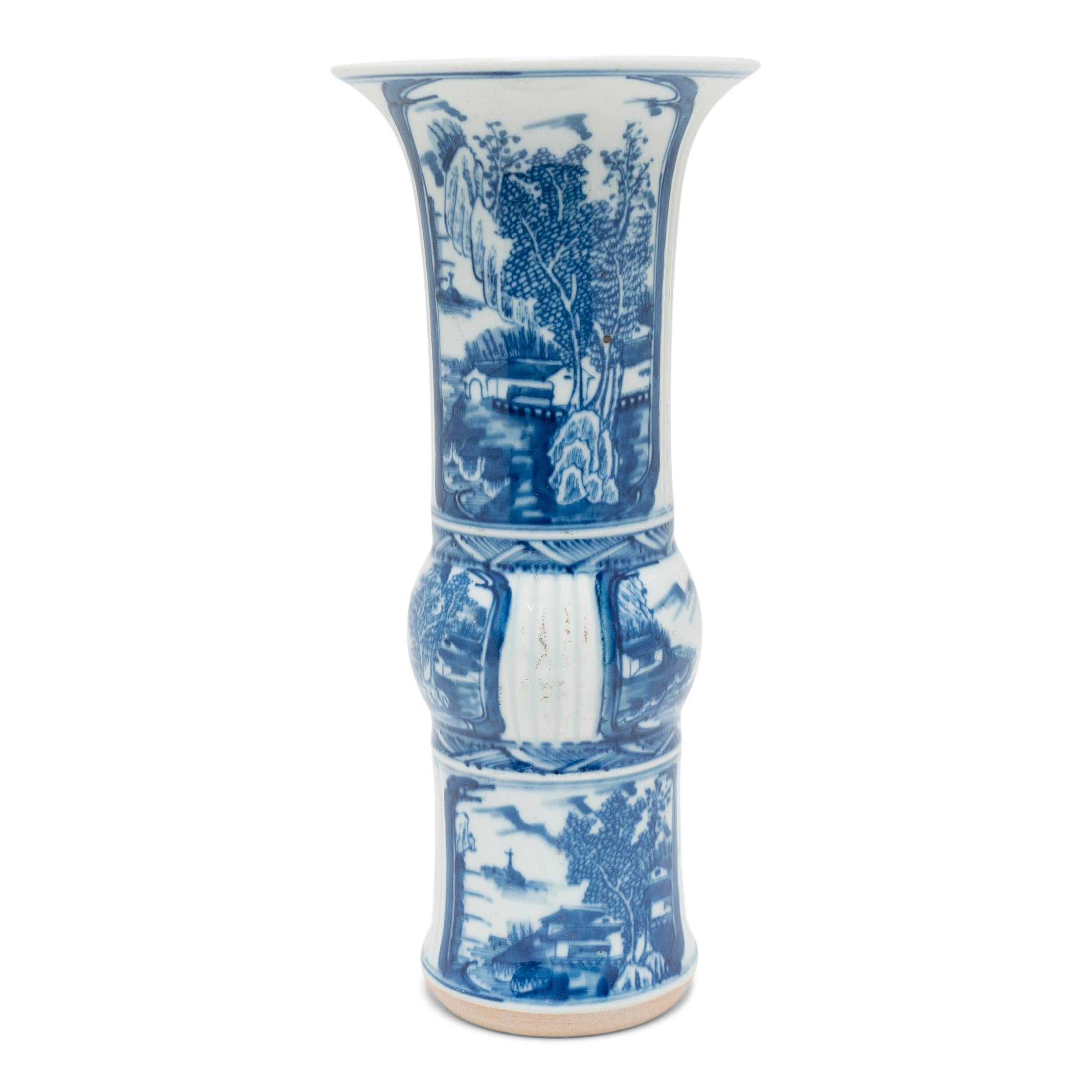 Glazed Pair of Chinese Blue and White Gu Vases, c. 1900