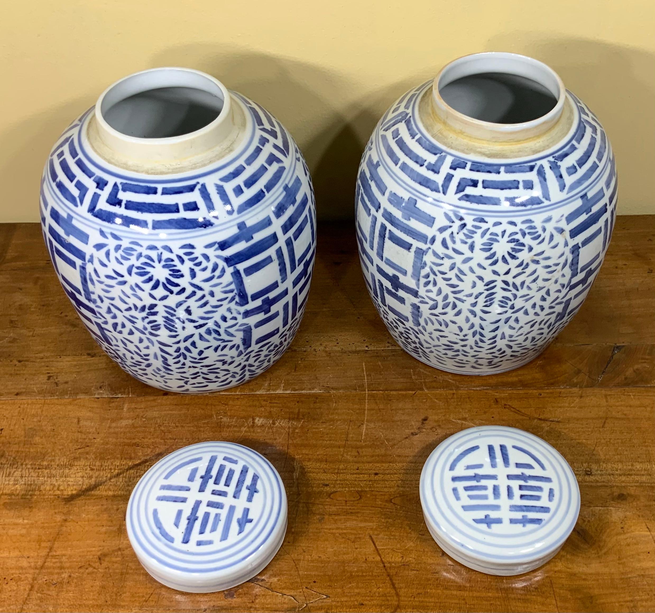Ceramic Pair of Chinese Blue and White Hand Decorated Porcelain Ginger Jar, 20th