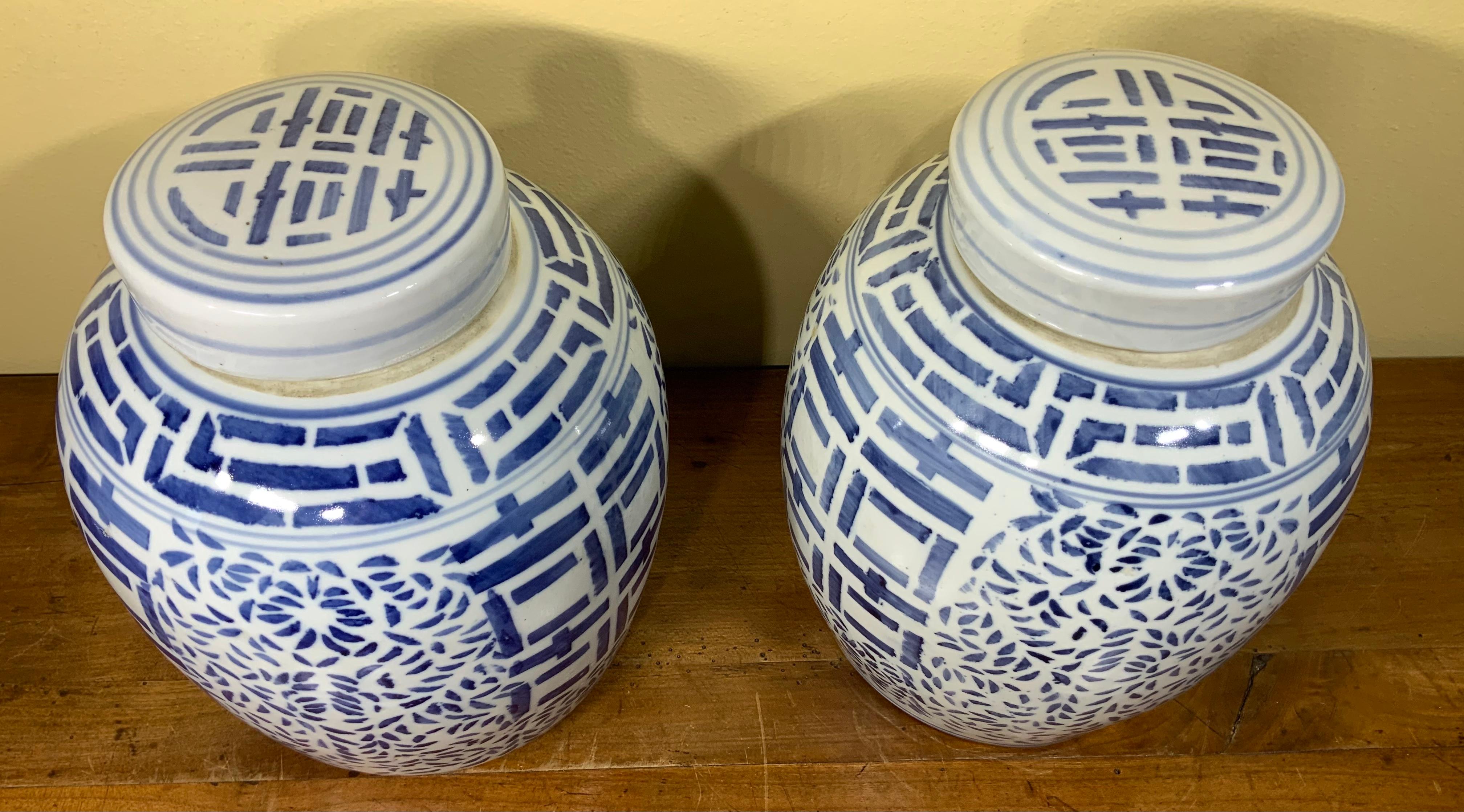 Pair of Chinese Blue and White Hand Decorated Porcelain Ginger Jar, 20th 2