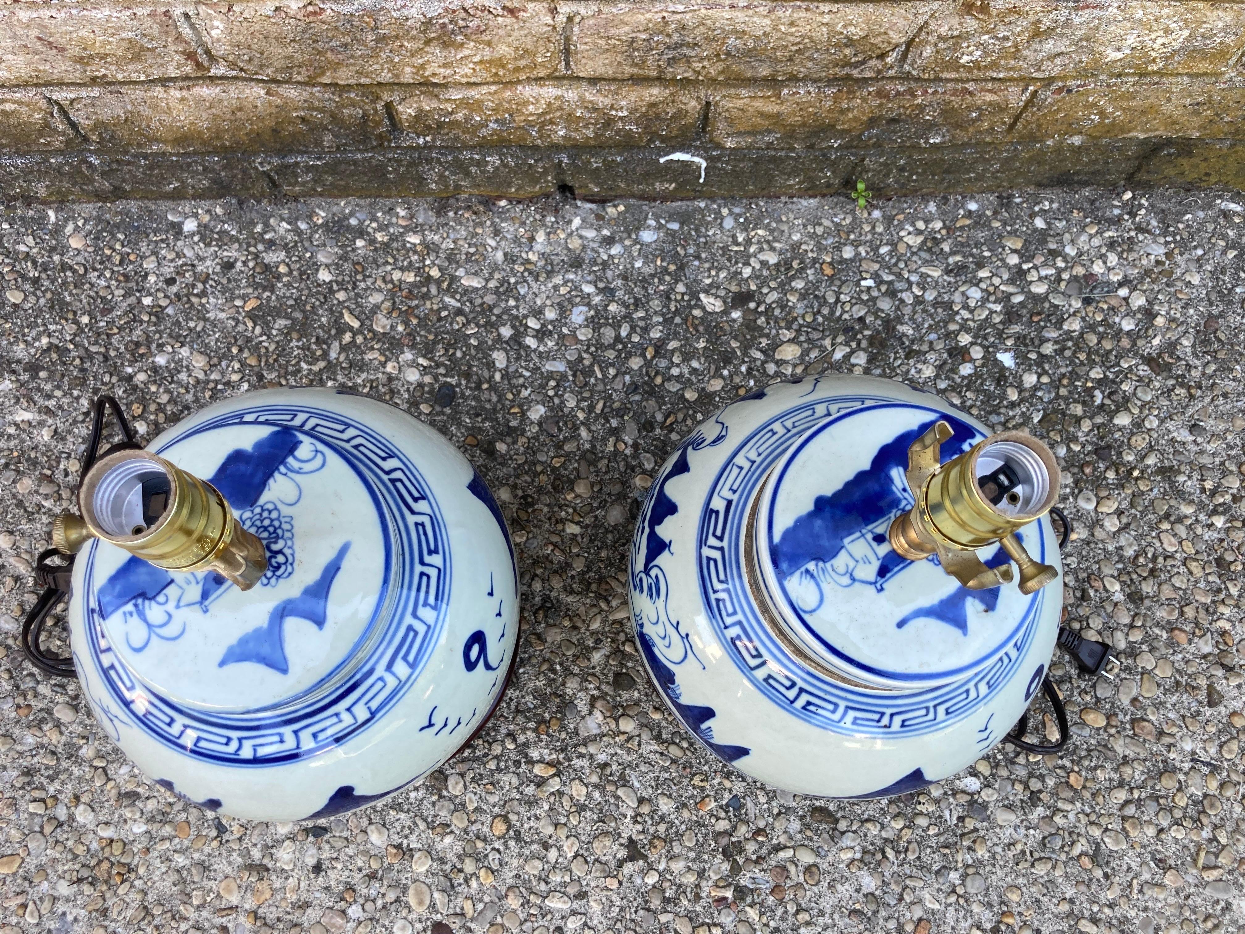 Ceramic Pair of Chinese Blue and White Jar Lamps For Sale