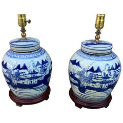 Pareja de lámparas chinas de jarra azul y blanca