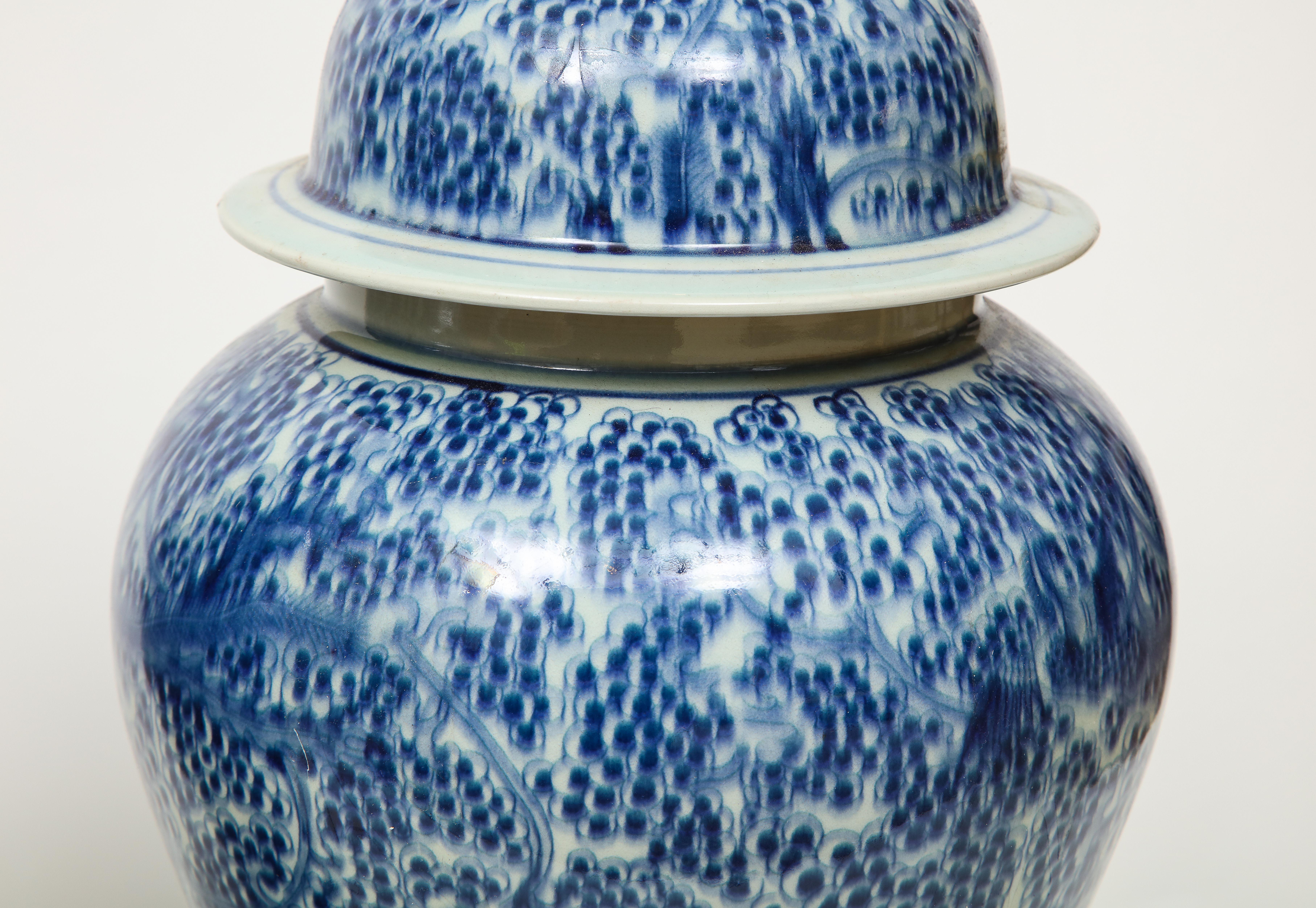 20th Century Pair of Chinese Blue and White Jars with Lids