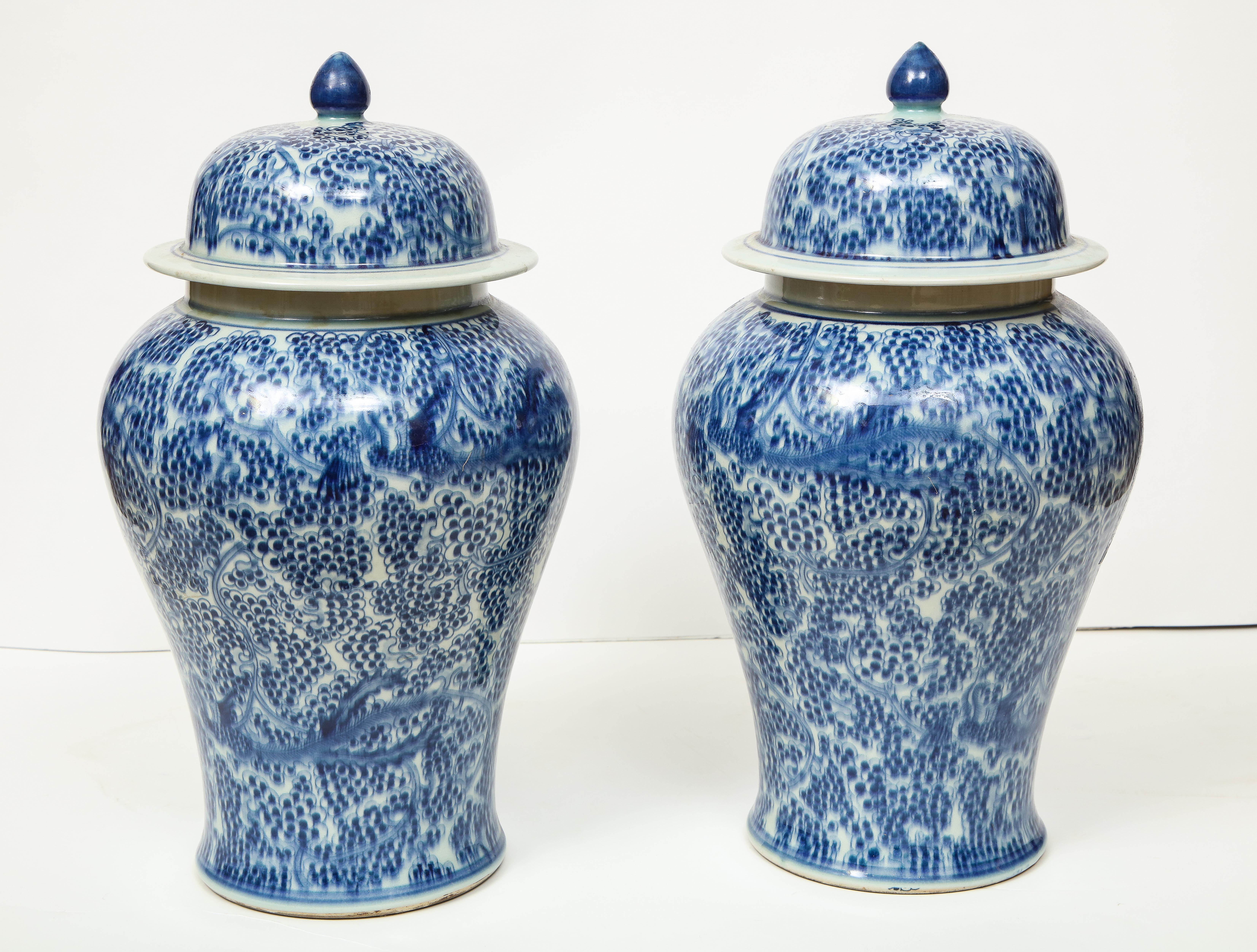 Porcelain Pair of Chinese Blue and White Jars with Lids