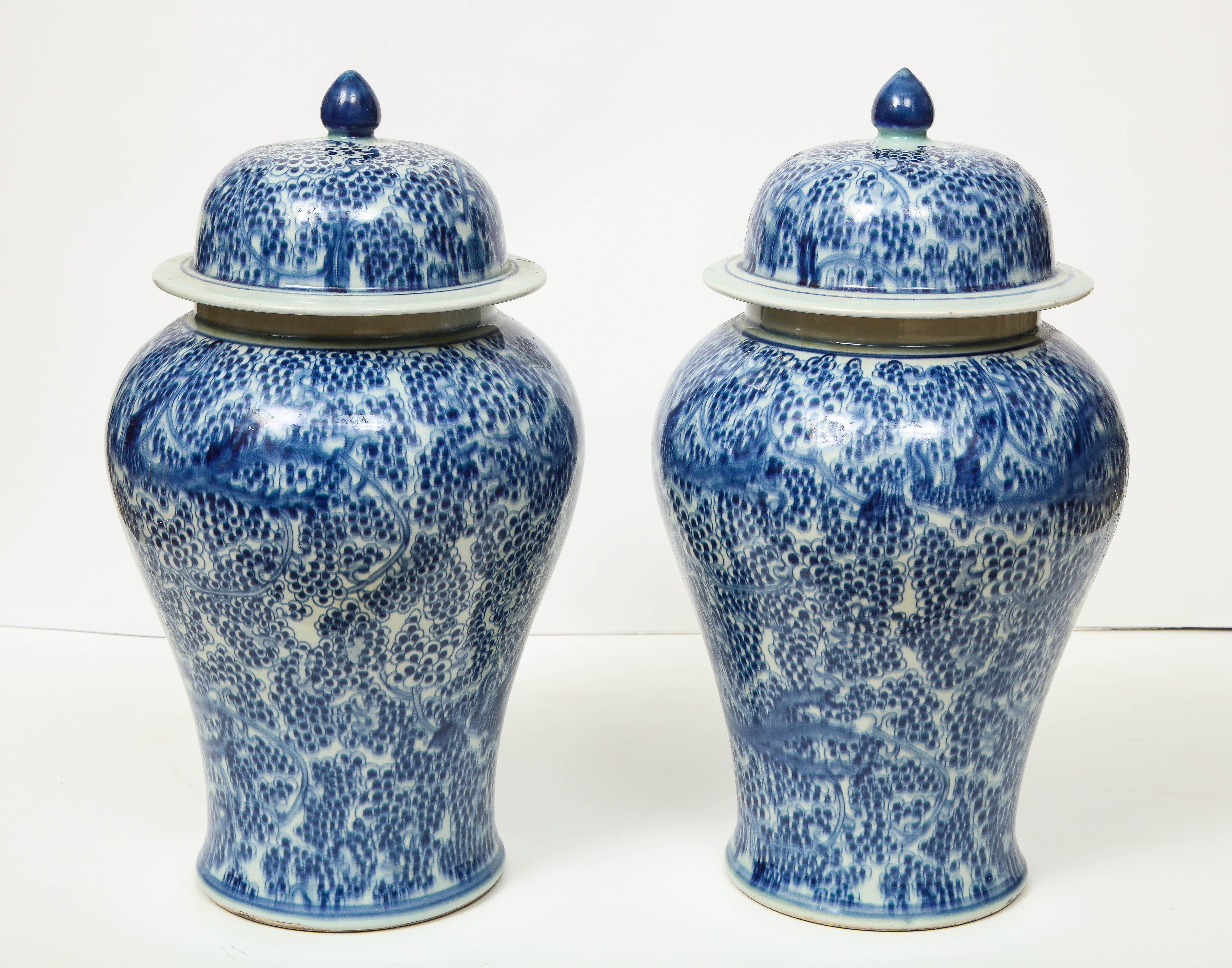 Pair of Chinese Blue and White Jars with Lids 3