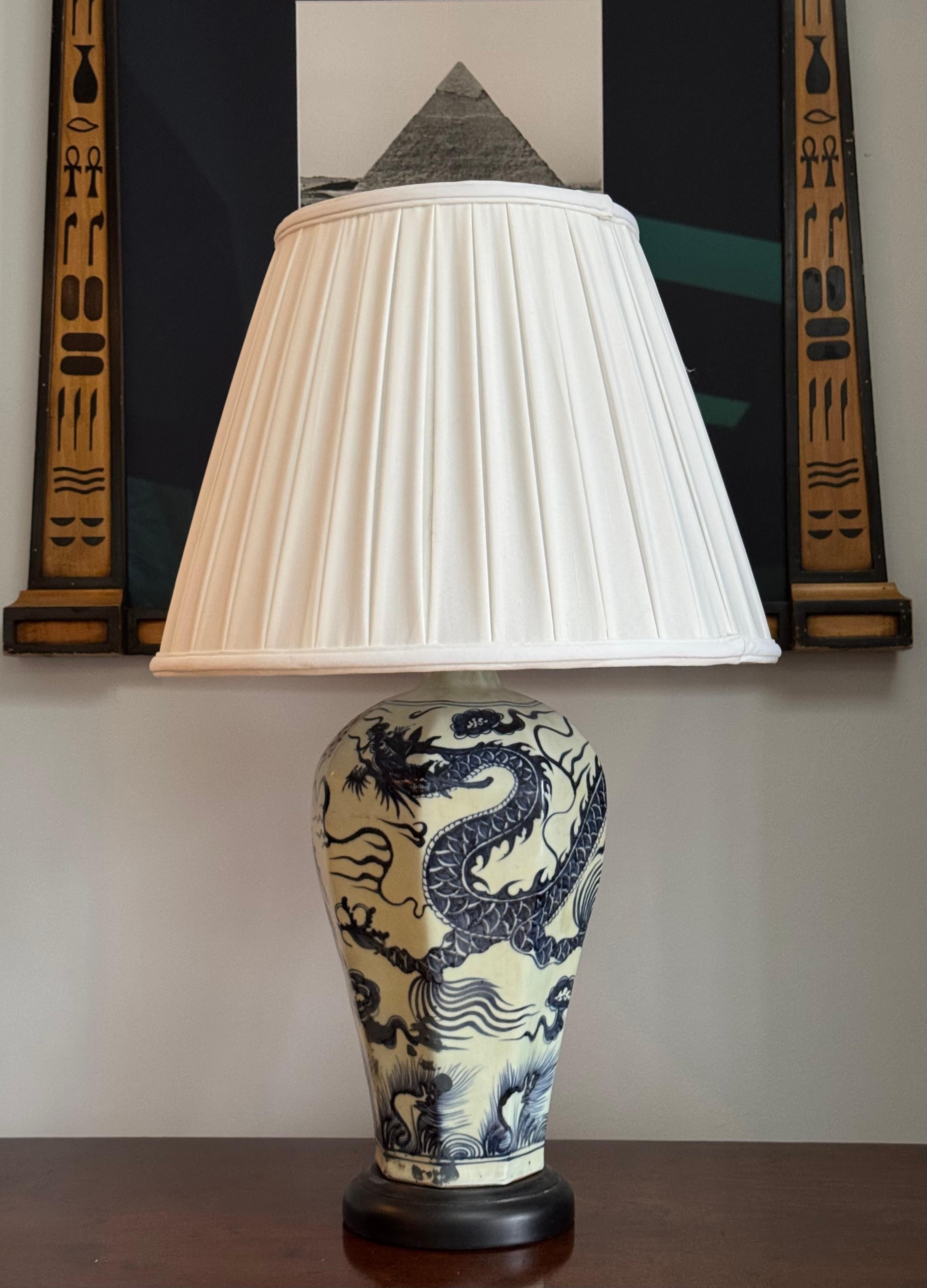 Cast Pair of Chinese Blue and White Lamps with dragon motif For Sale