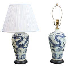 Pair of Chinese Blue and White Lamps with dragon motif