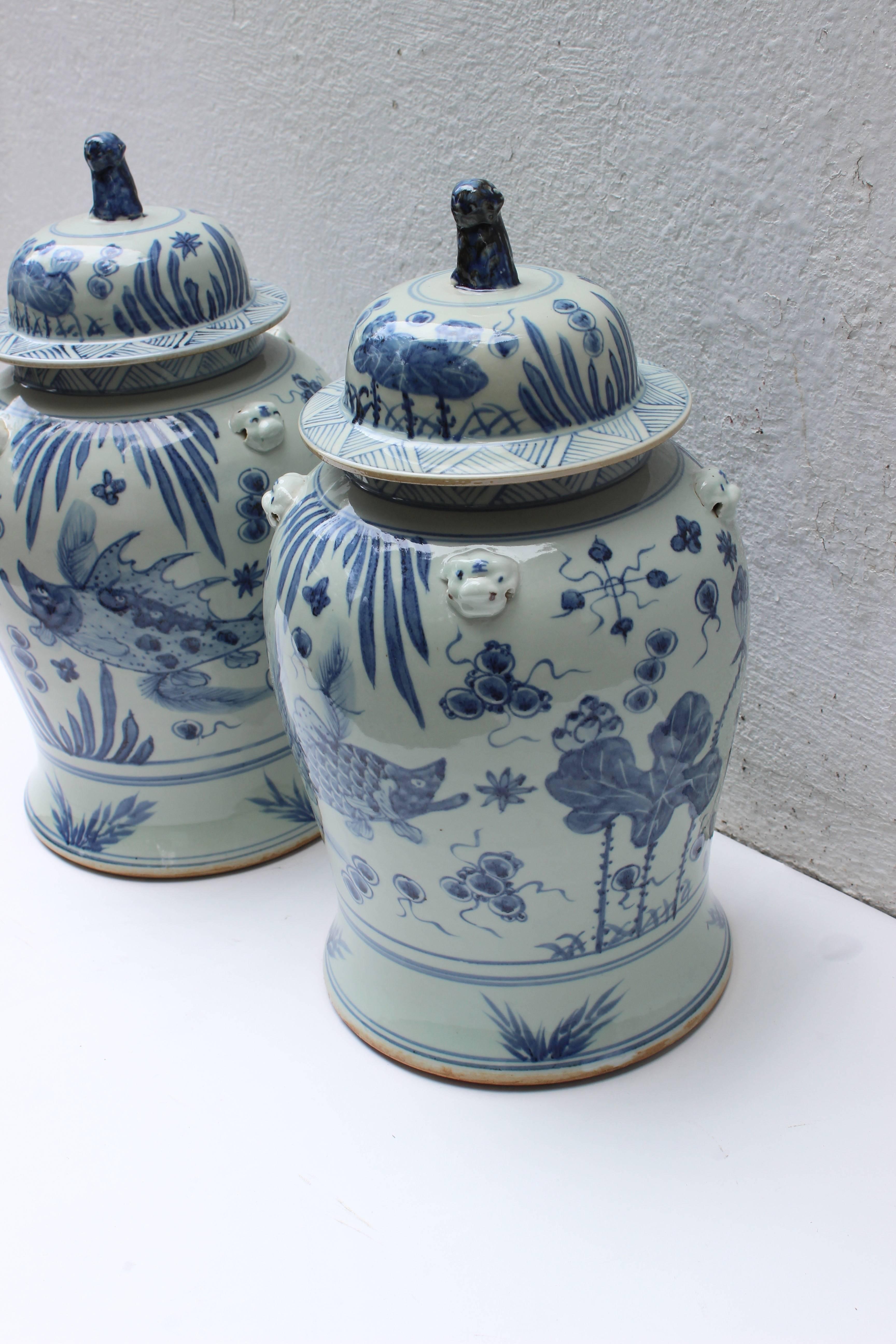Pair of Chinese Blue and White Lidded Jars 6