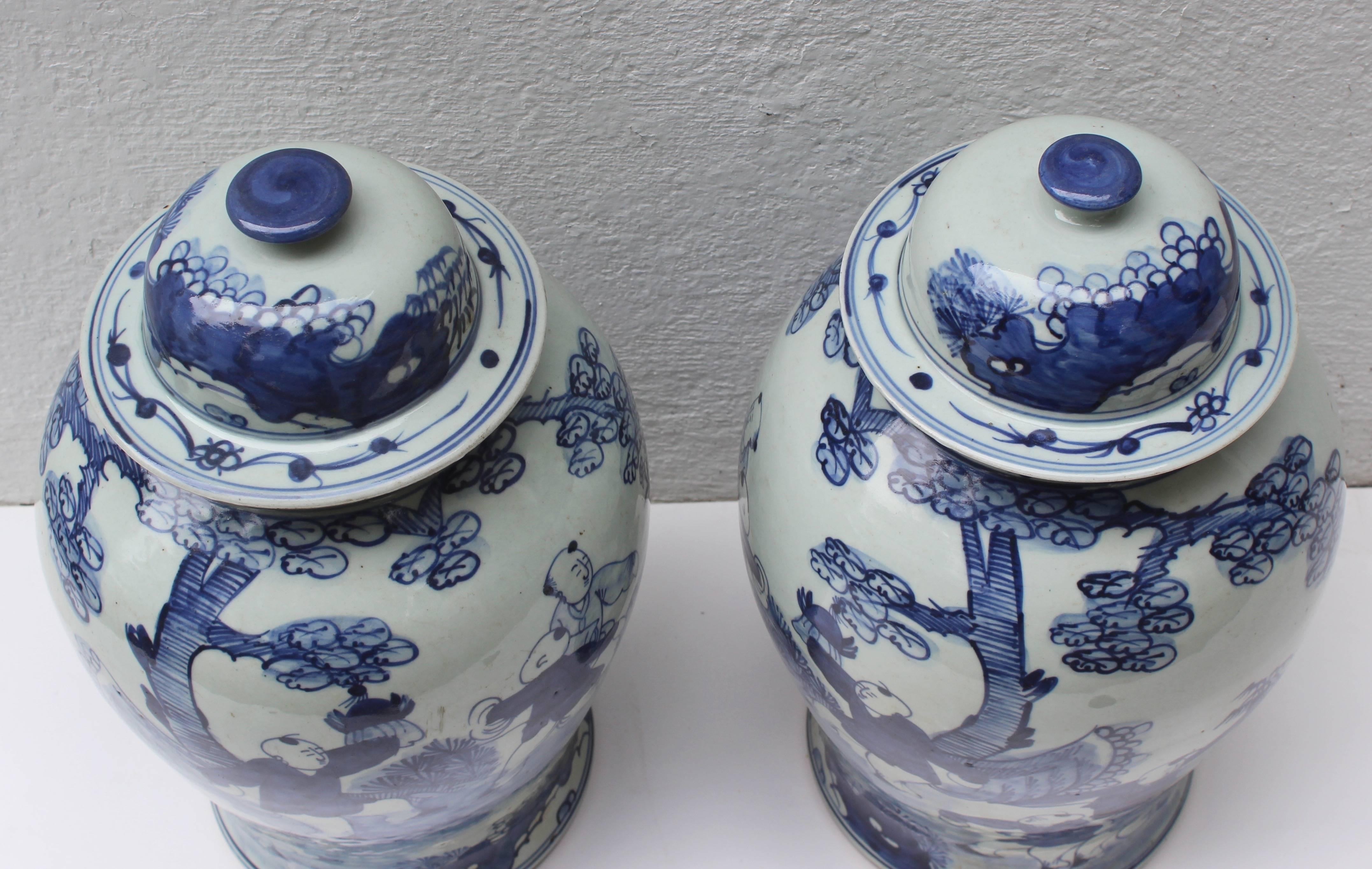 Pair of Chinese blue and white lidded jars.