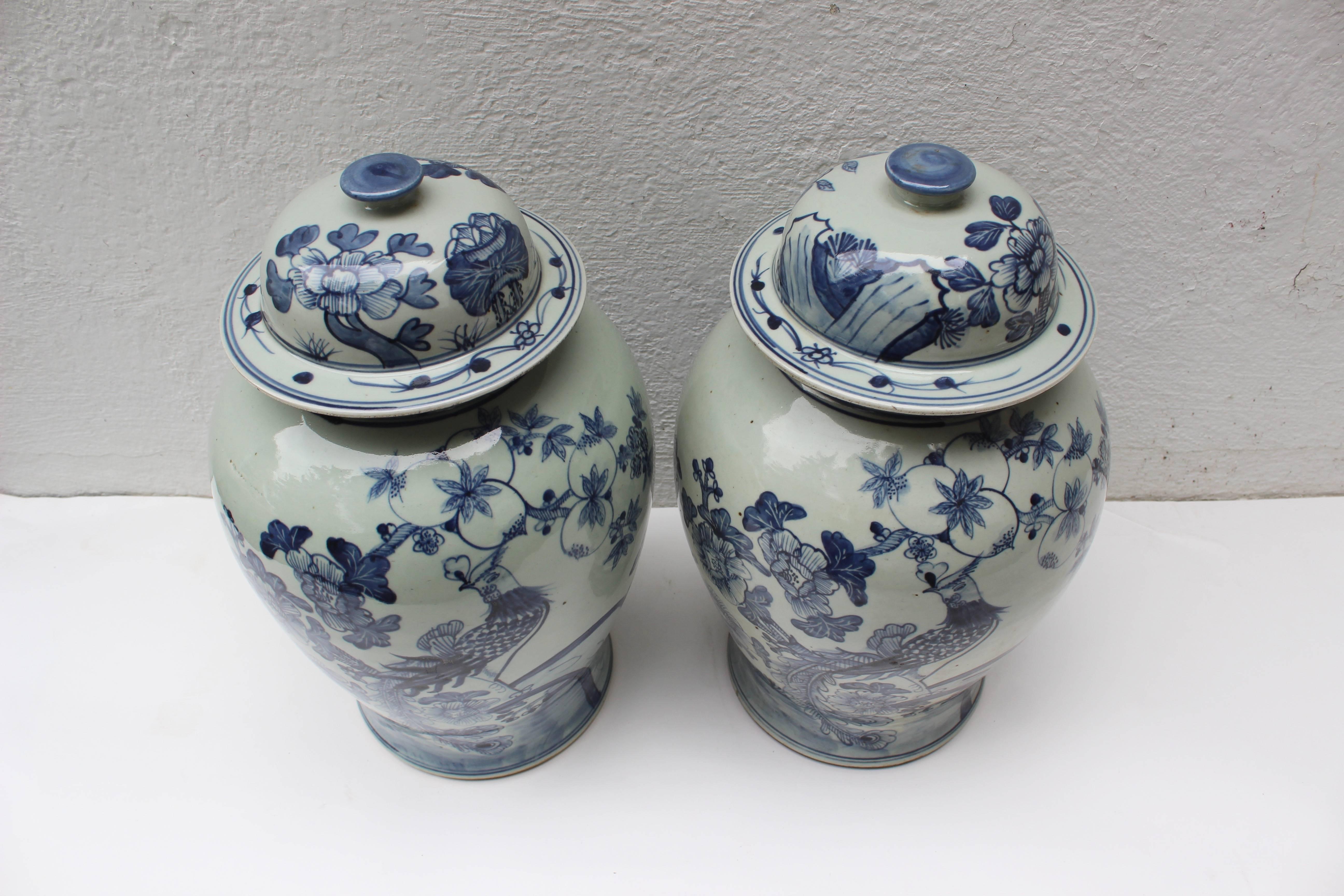 20th Century Pair of Chinese Blue and White Lidded Jars