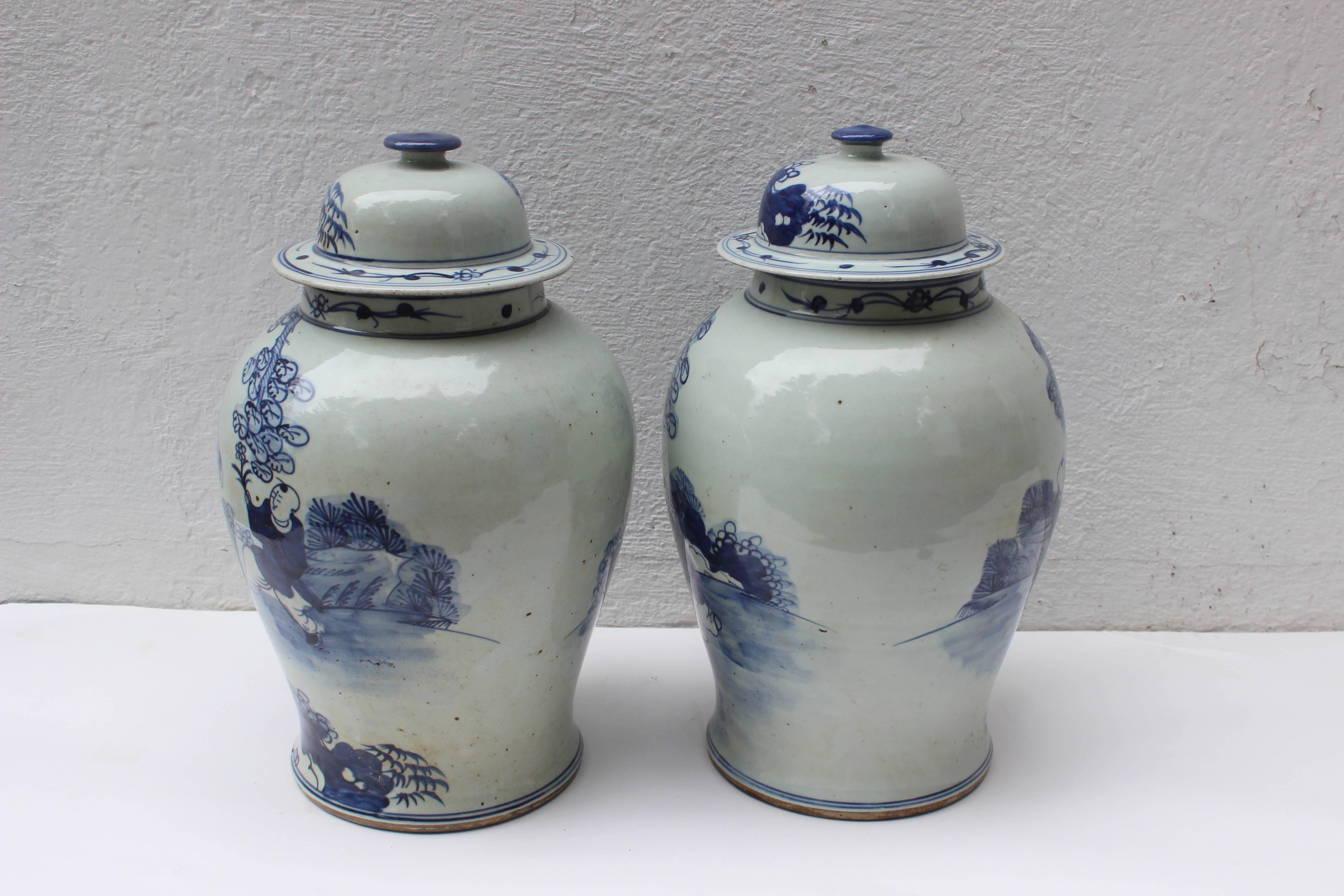 20th Century Pair of Chinese Blue and White Lidded Jars