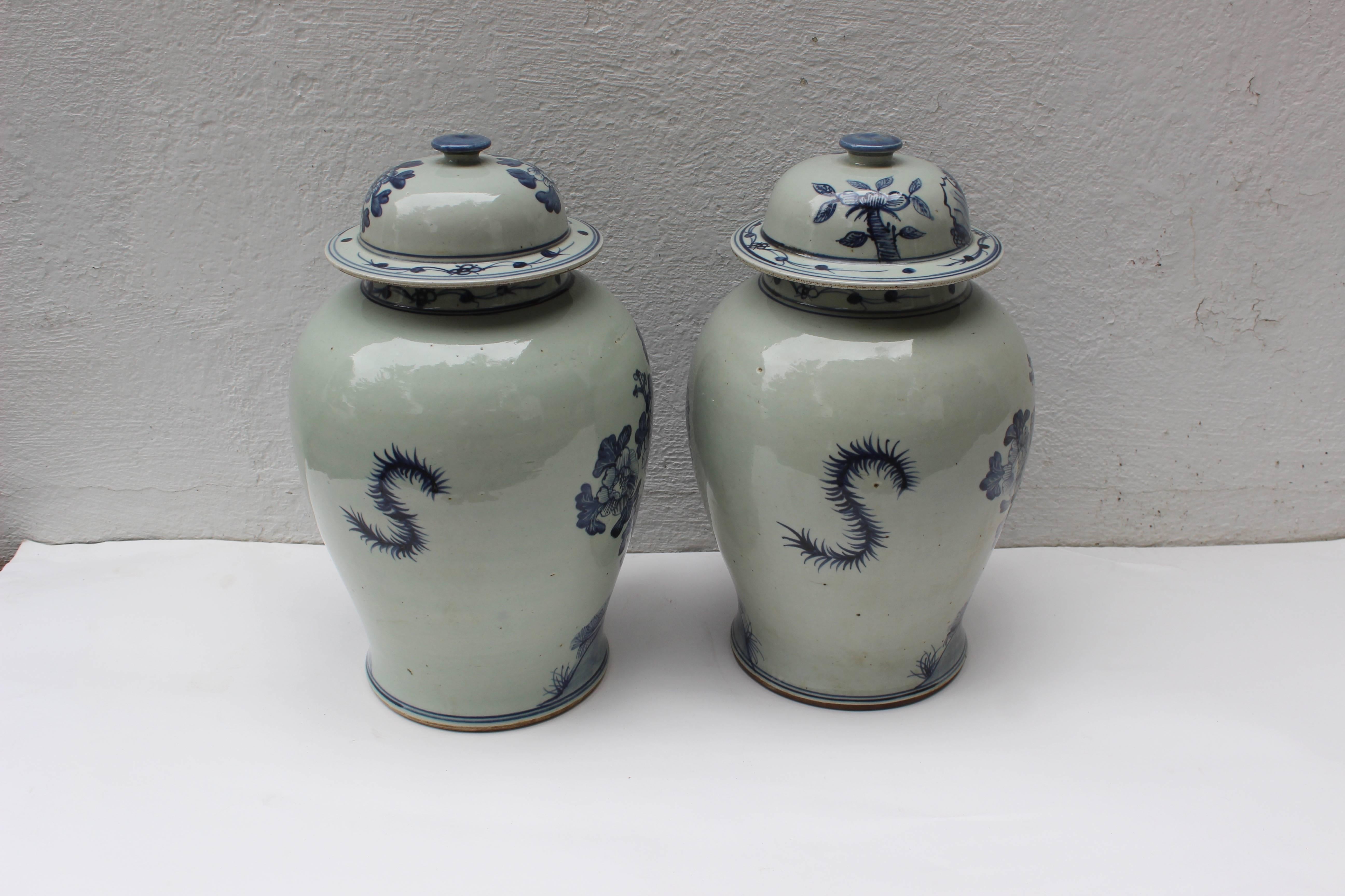 Pair of Chinese Blue and White Lidded Jars 1