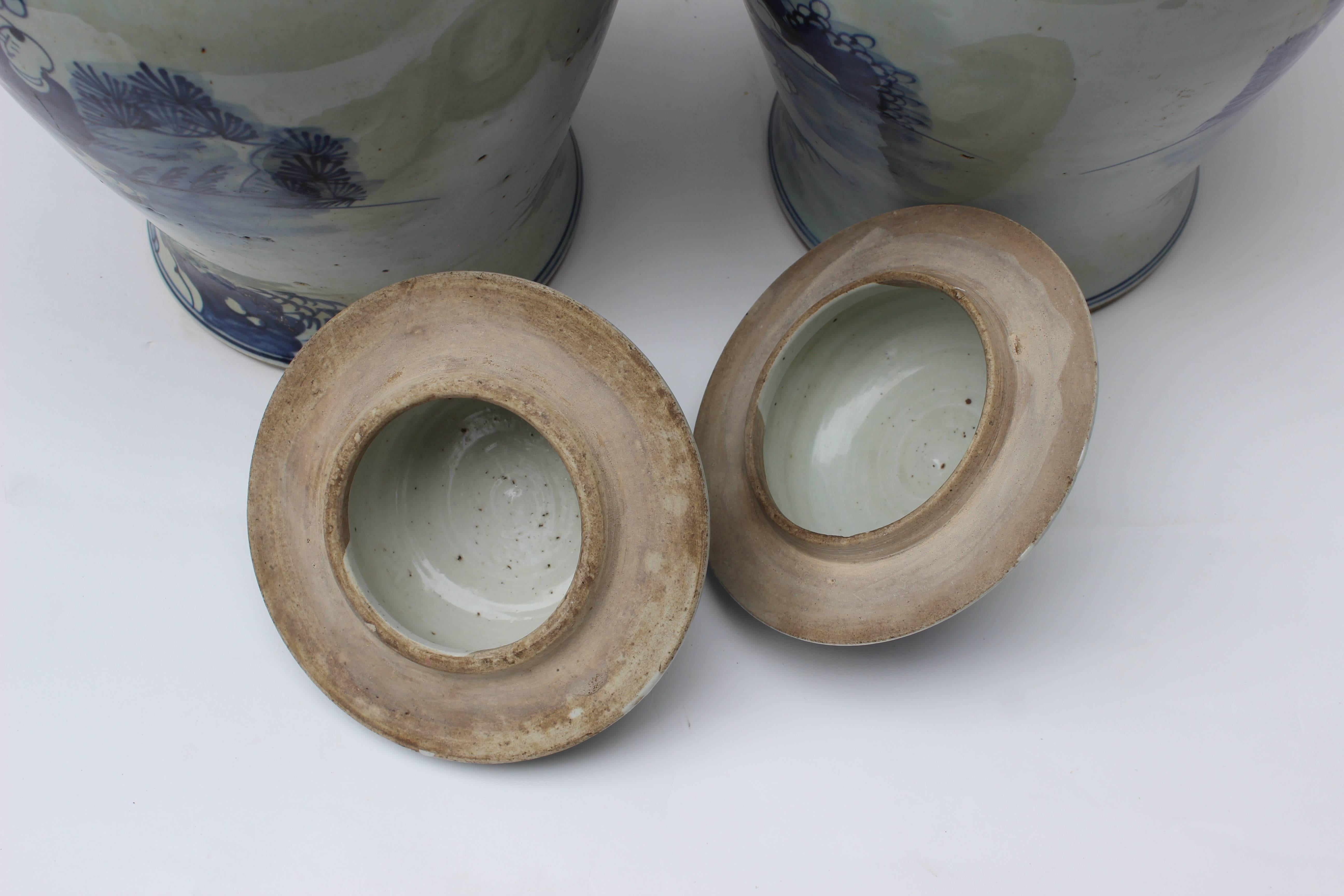 Pair of Chinese Blue and White Lidded Jars 1