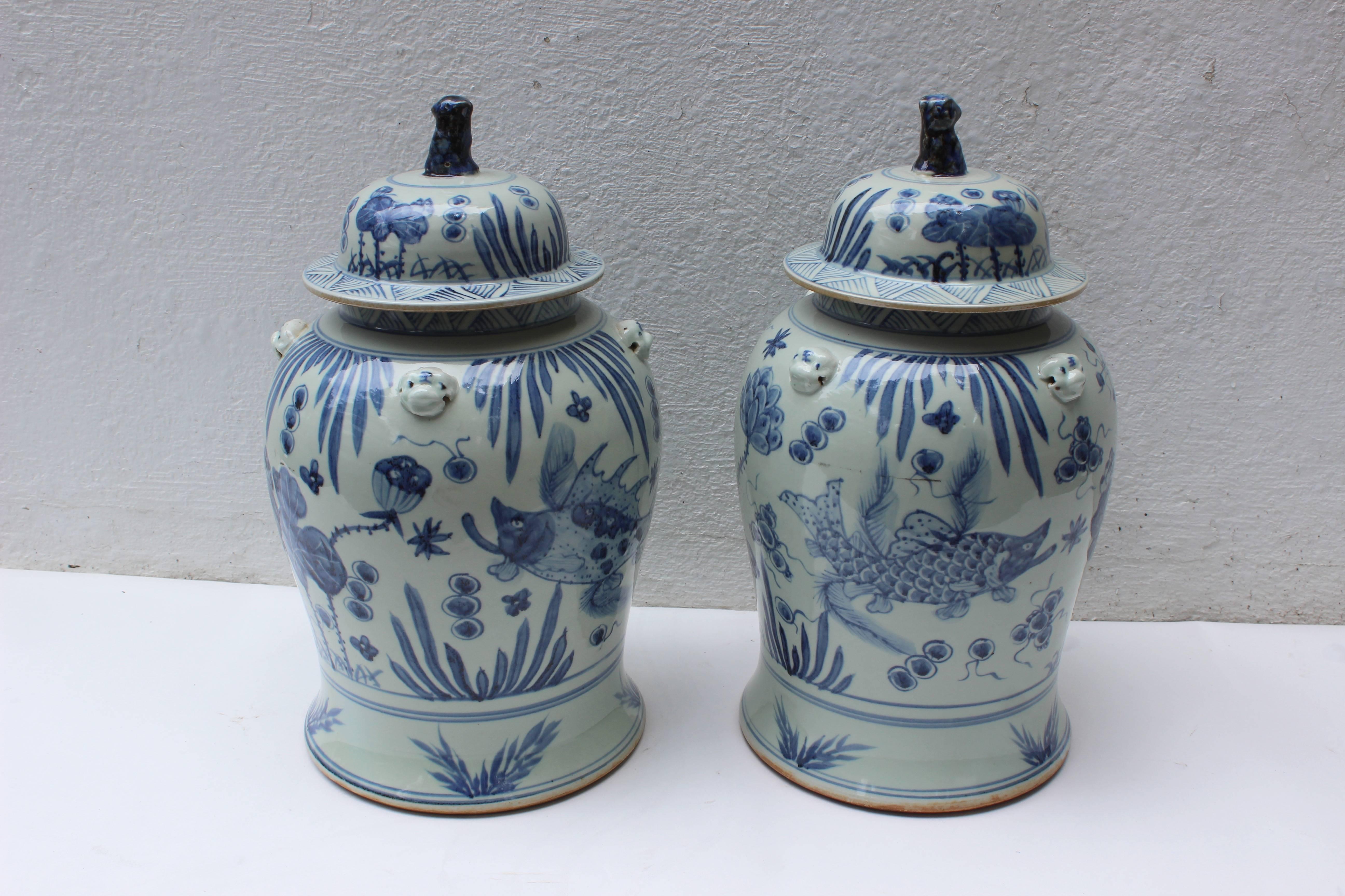 Pair of Chinese Blue and White Lidded Jars 4