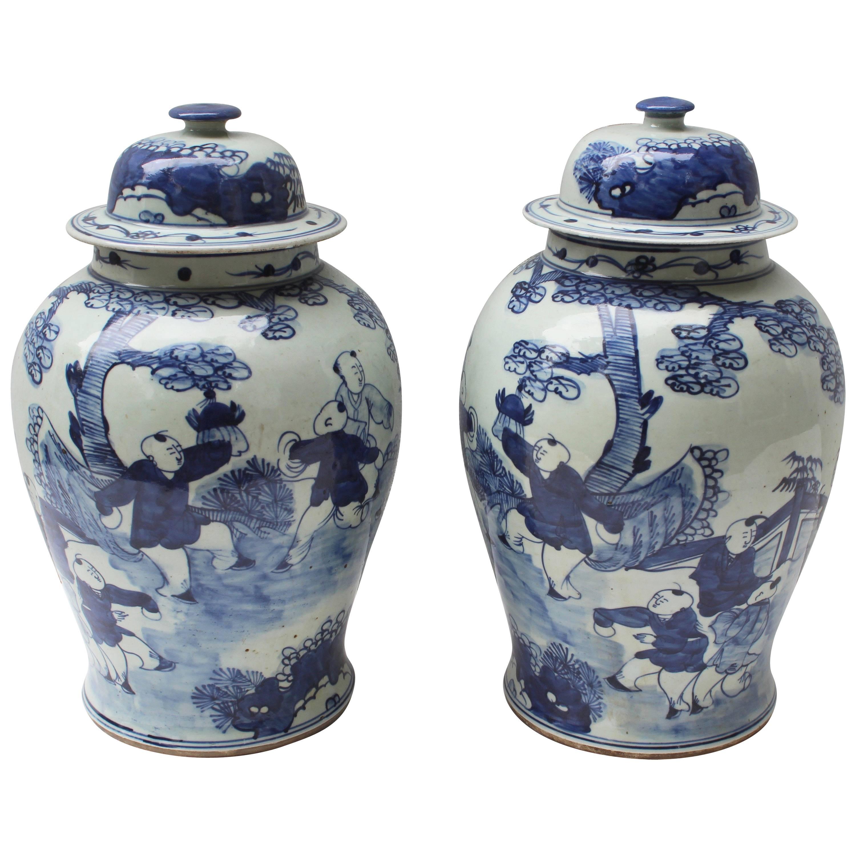 Pair of Chinese Blue and White Lidded Jars