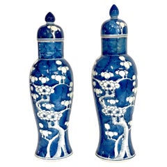 Vintage Pair of Chinese Blue and White Lidded Porcelain Vases