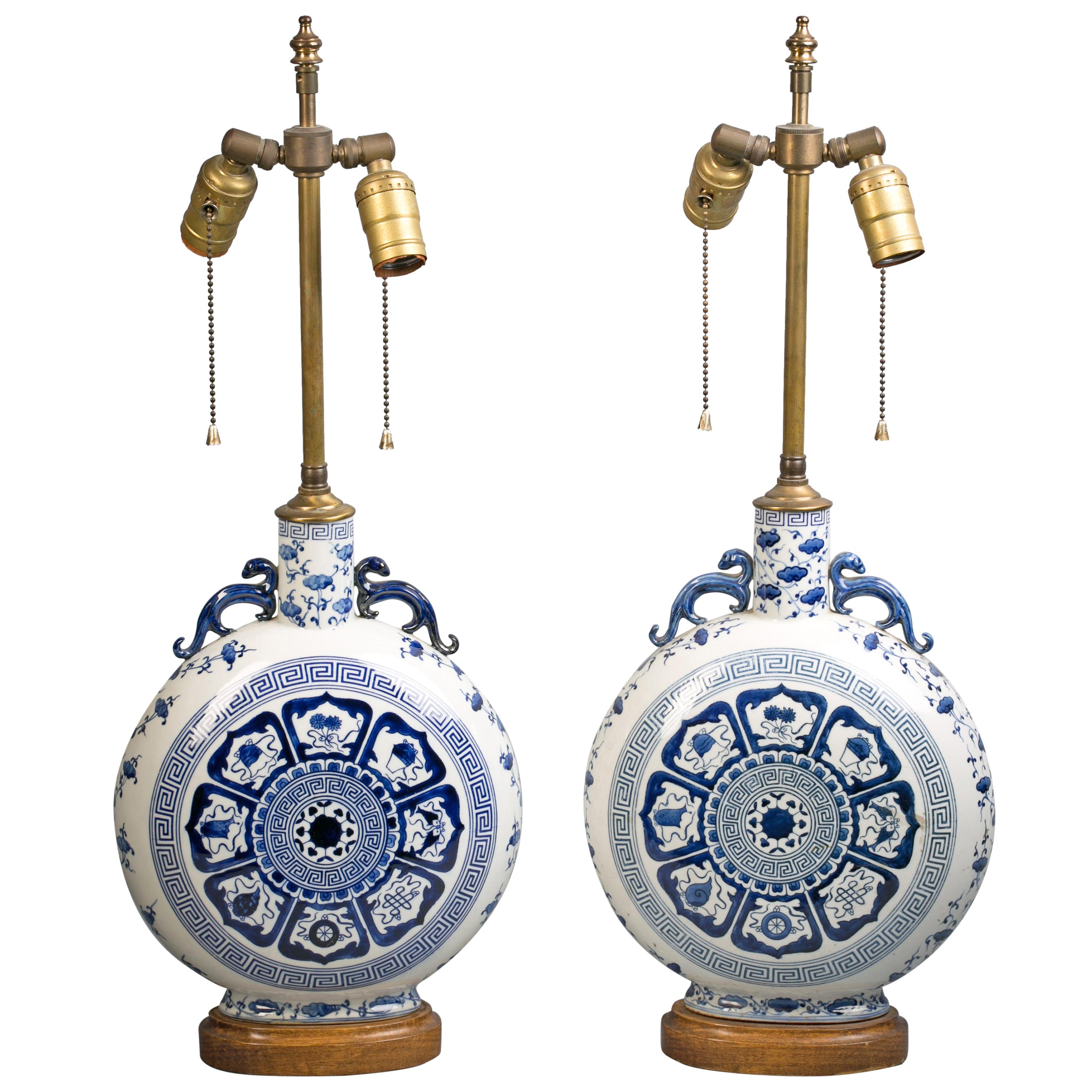 Pair of Chinese Blue and White Moon Flask Lamps, circa 1920