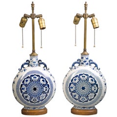 Pair of Chinese Blue and White Moon Flask Lamps, circa 1920