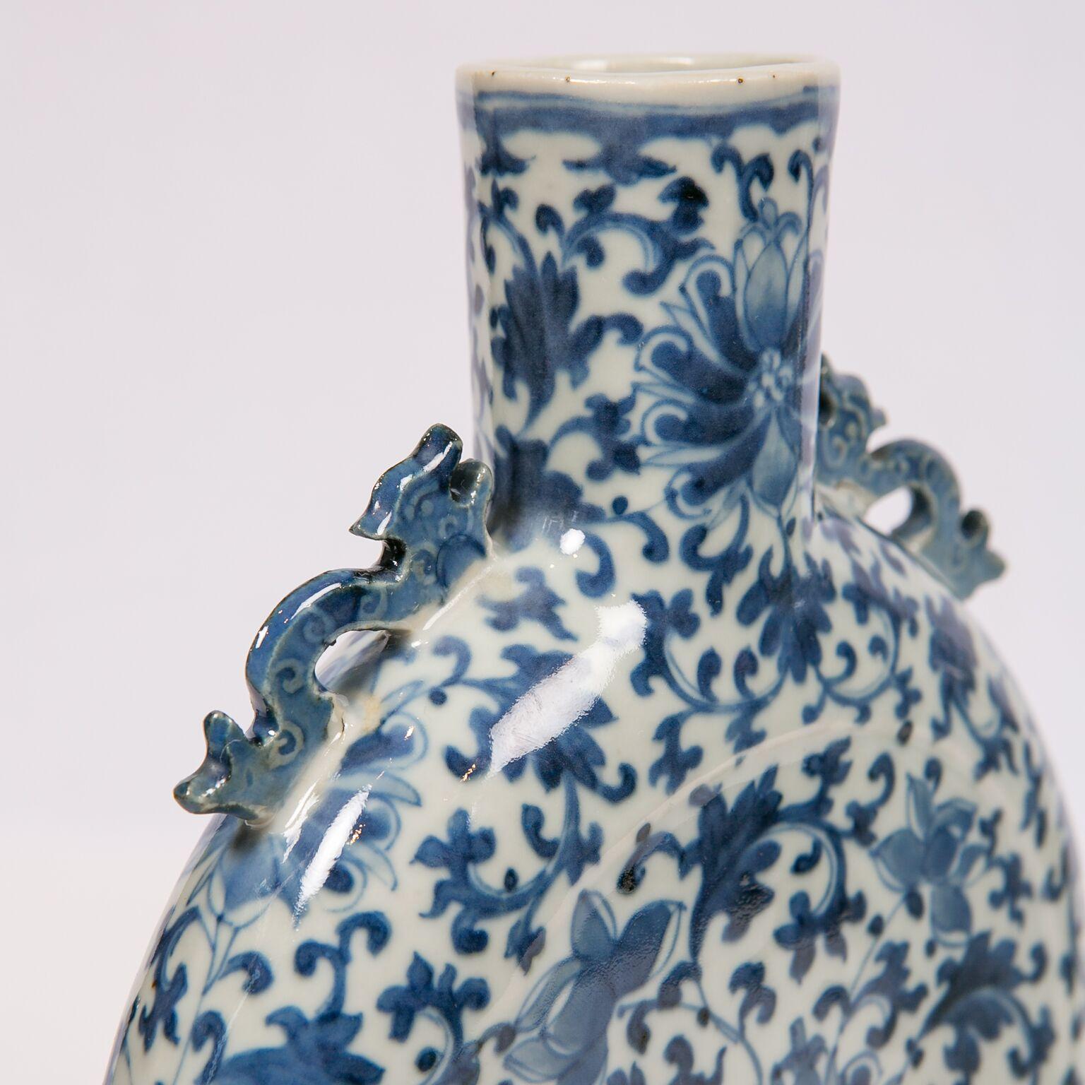 Hand-Painted Pair of Chinese Blue and White Moon Flasks Hand Painted Qing Dynasty, circa 1880