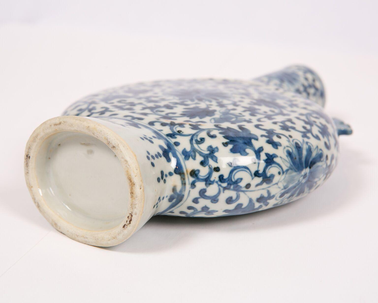 19th Century Pair of Chinese Blue and White Moon Flasks Hand Painted Qing Dynasty, circa 1880