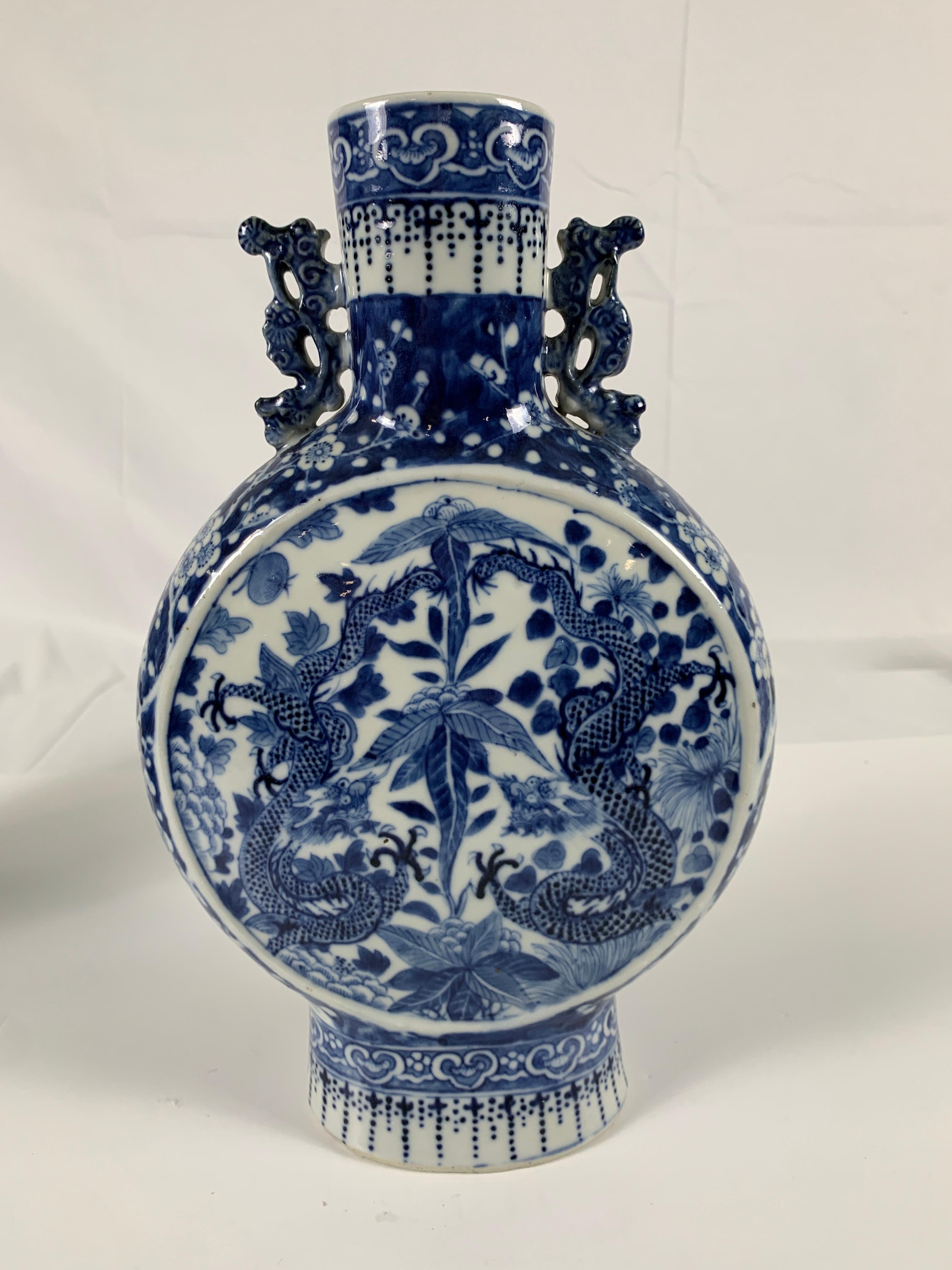 Pair of Chinese Blue and White Moon Flasks Hand Painted Qing Dynasty, circa 1880 2