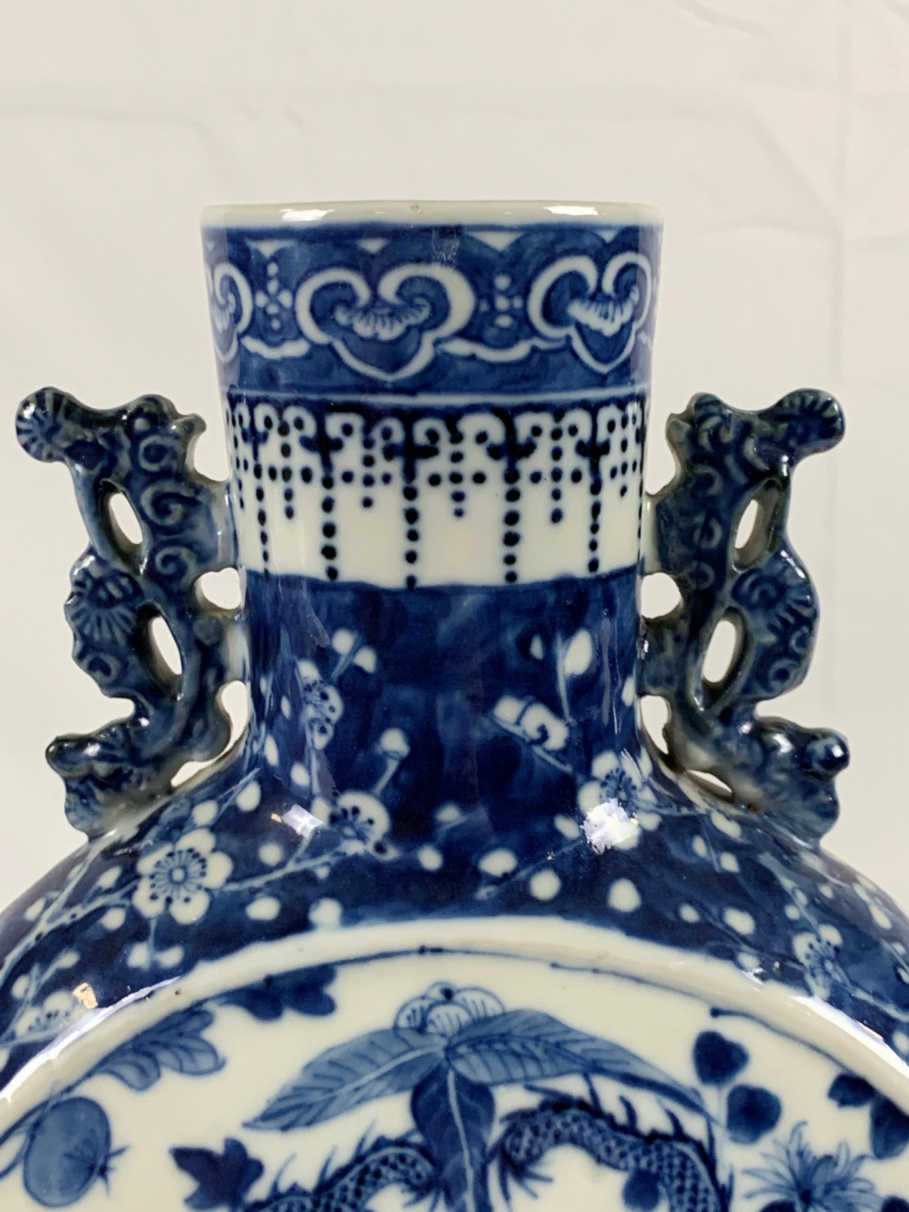 Pair of Chinese Blue and White Moon Flasks Hand Painted Qing Dynasty, circa 1880 3