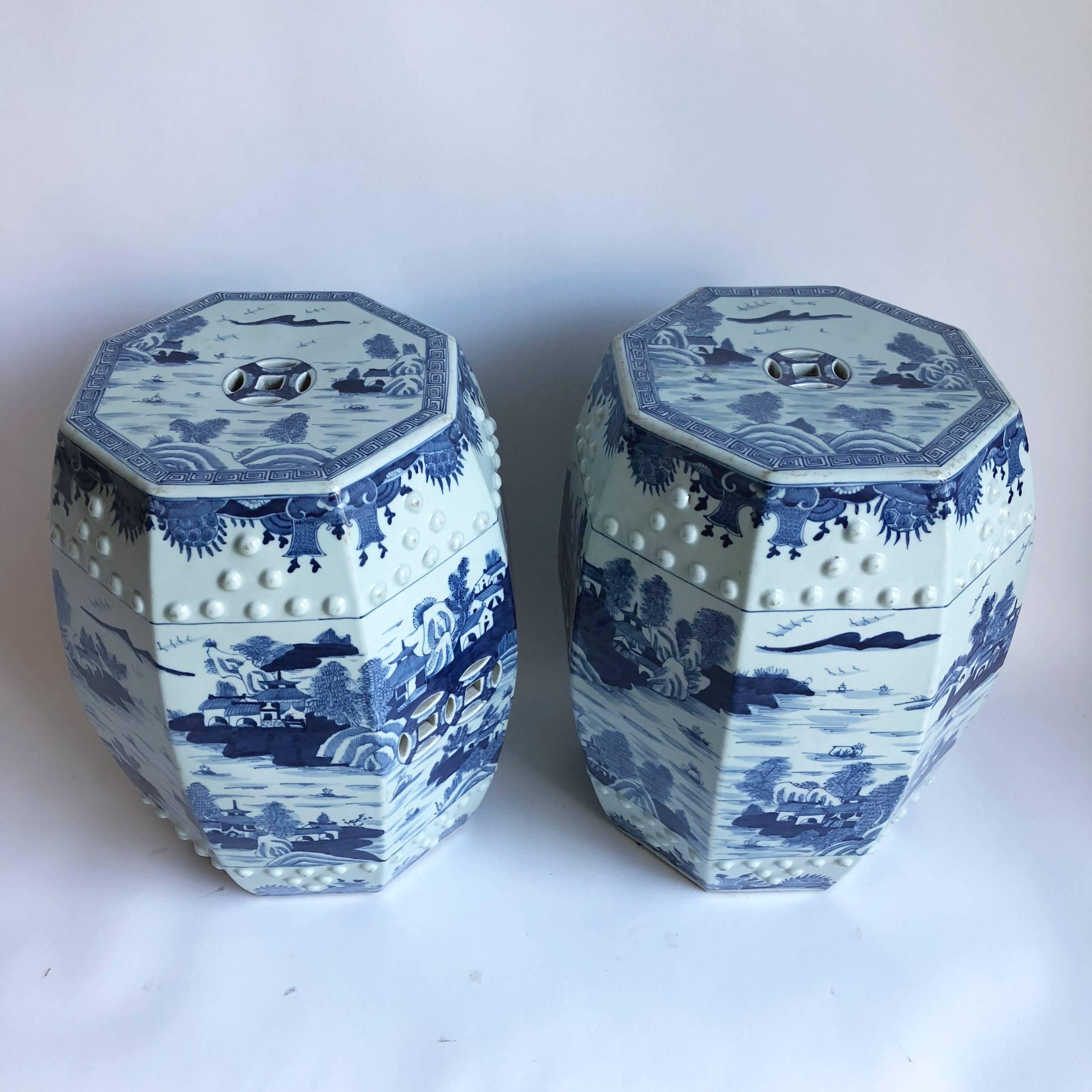 Pair of Chinese blue and white octagonal garden stools.