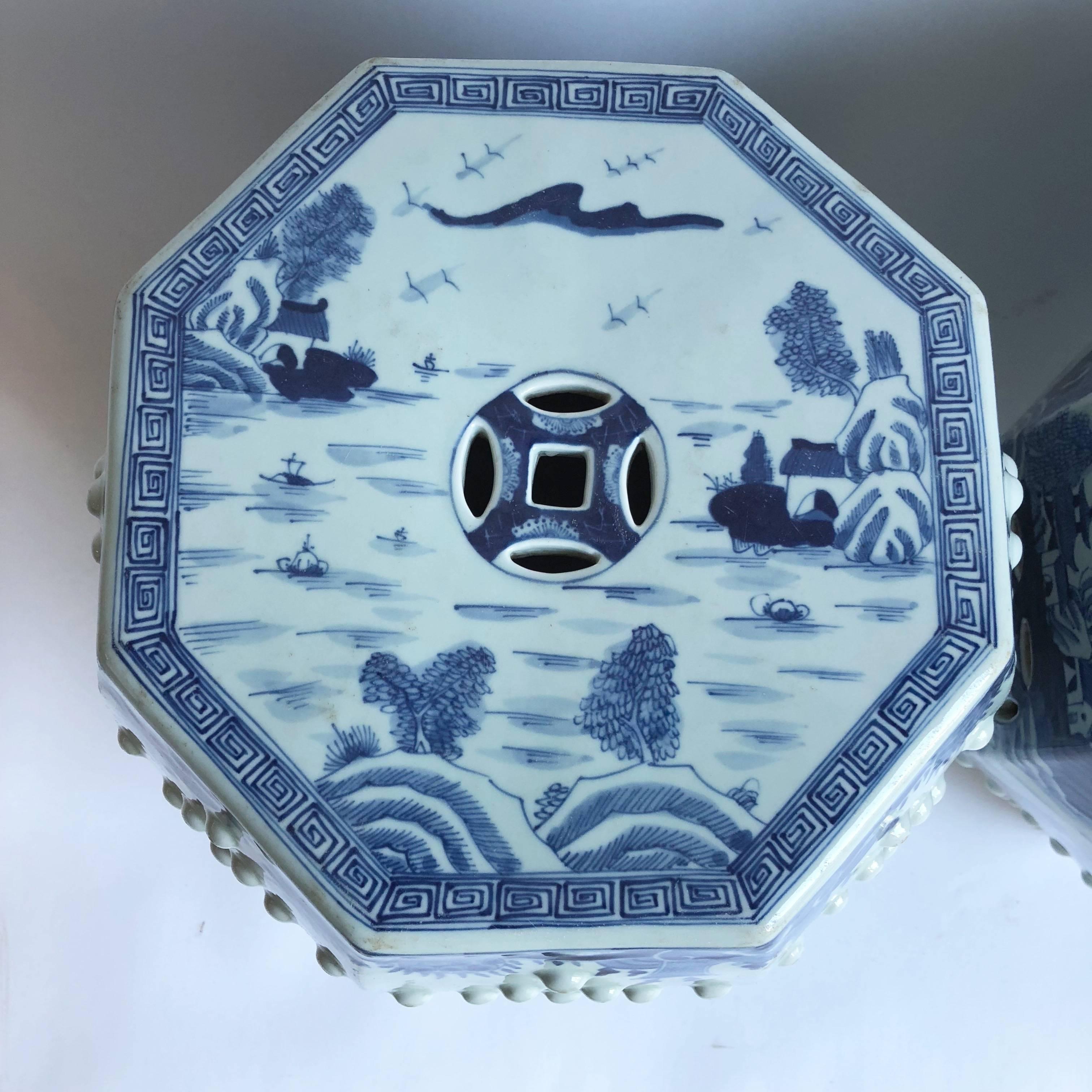 Pair of Chinese Blue and White Octagonal Garden Stools In Excellent Condition In East Hampton, NY