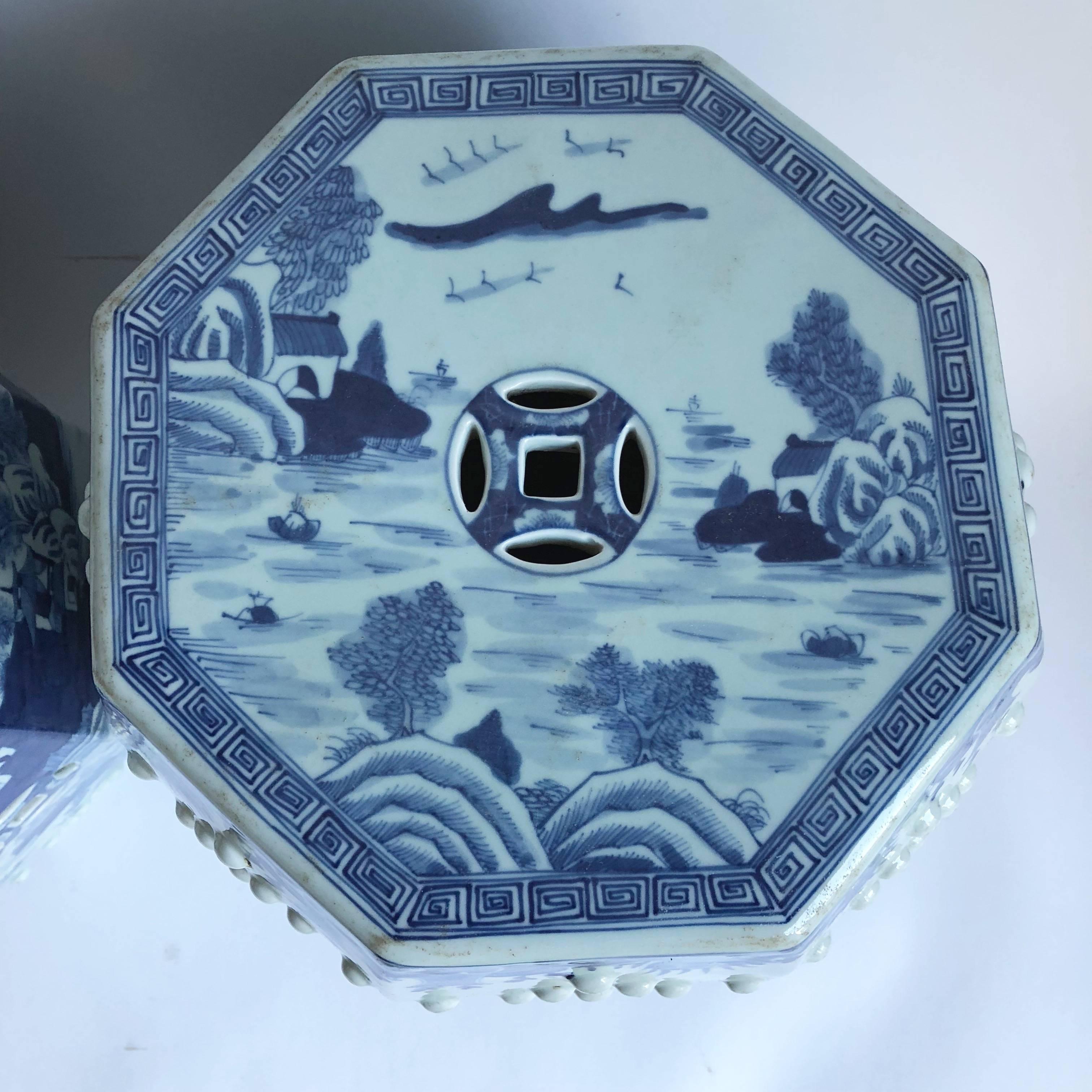 20th Century Pair of Chinese Blue and White Octagonal Garden Stools